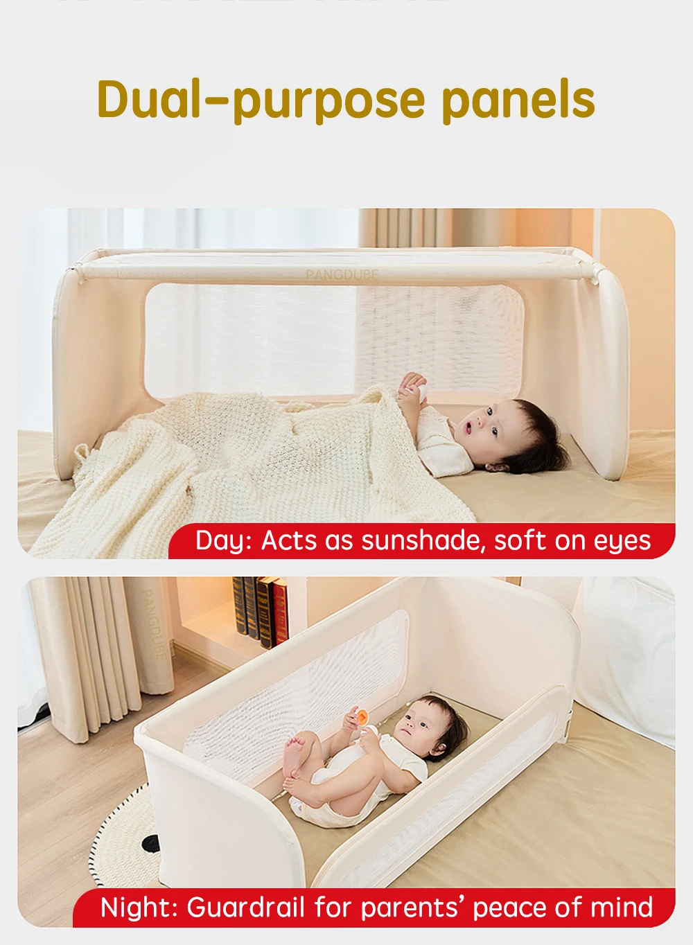 PANGDUBE Baby Bed Guardrail 2-in-1 Safety Bed Barrier Portable Bedside Sleeper with Storage Bag Adjustable Baby Nest