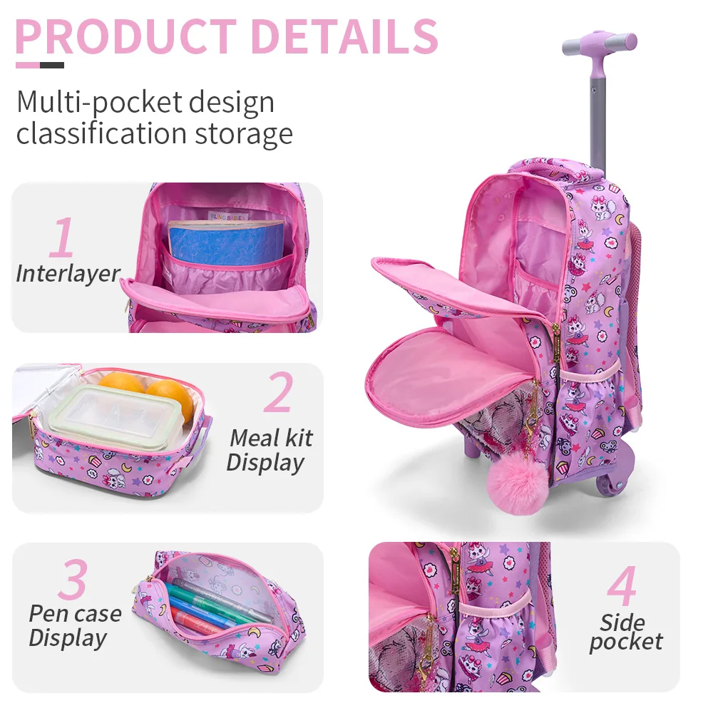 3PCS Set Rolling Backpack For Girls, Cute Cartoon Cat Sequin Design Wheeled Bags With Lunch Box And Pen Bag-Pink Red