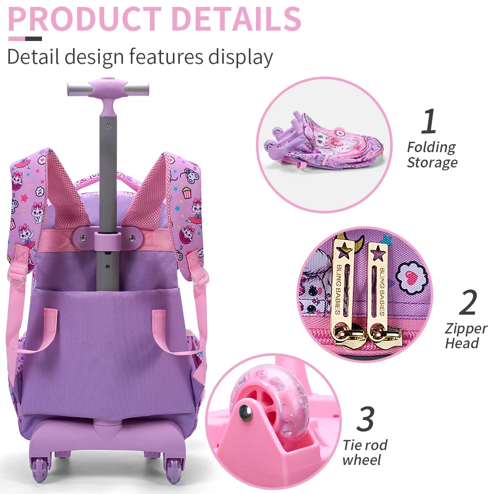 3PCS Set Rolling Backpack For Girls, Cute Cartoon Cat Sequin Design Wheeled Bags With Lunch Box And Pen Bag-Pink Red