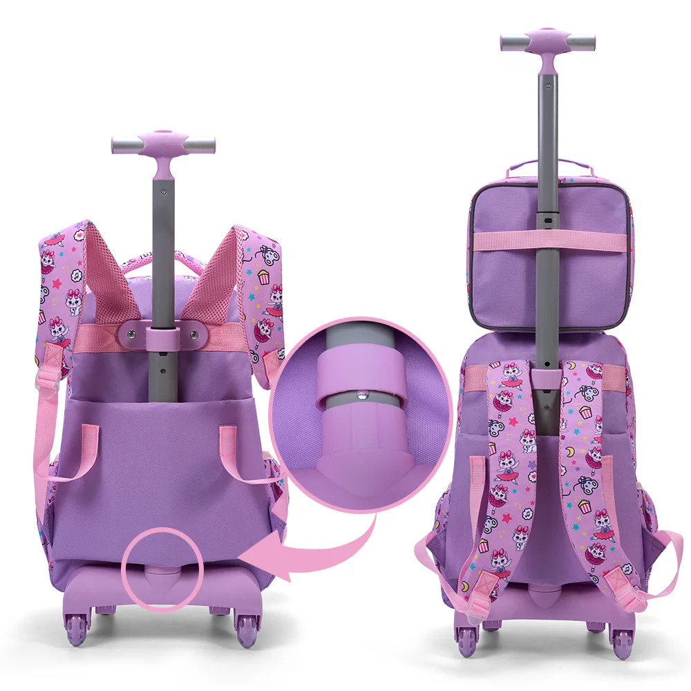 3PCS Set Rolling Backpack For Girls, Cute Cartoon Cat Sequin Design Wheeled Bags With Lunch Box And Pen Bag-Pink Red