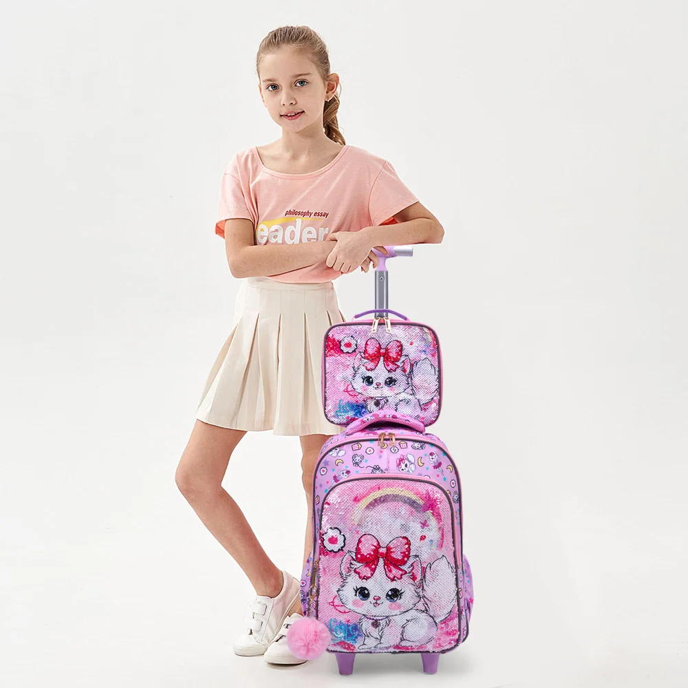 3PCS Set Rolling Backpack For Girls, Cute Cartoon Cat Sequin Design Wheeled Bags With Lunch Box And Pen Bag-Pink Red