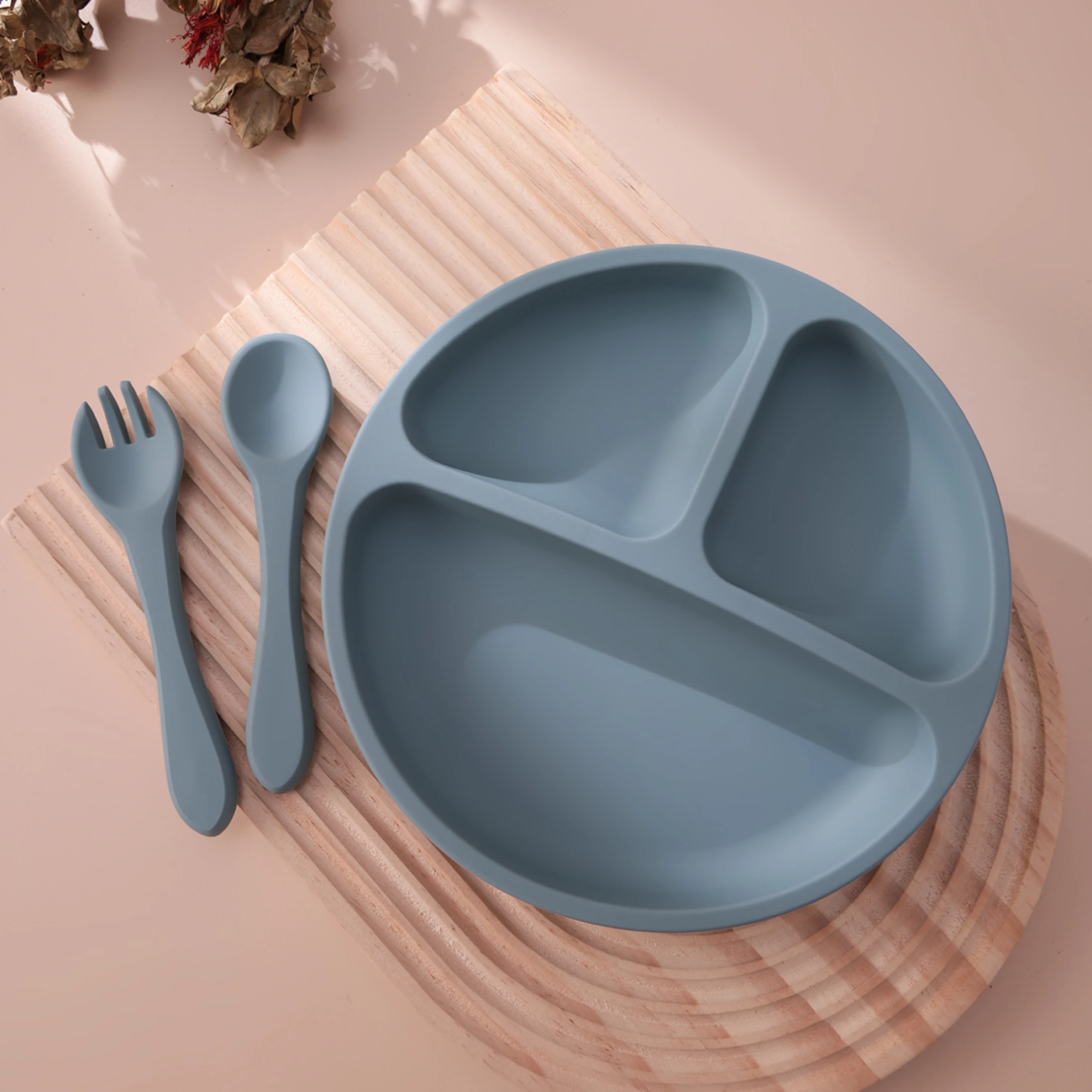 3PCS Silicone Baby Feeding Set With Suction Plate Wooden Spoon Fork BPA Free Training Tableware Dish Bowl Set Baby Shower Gifts