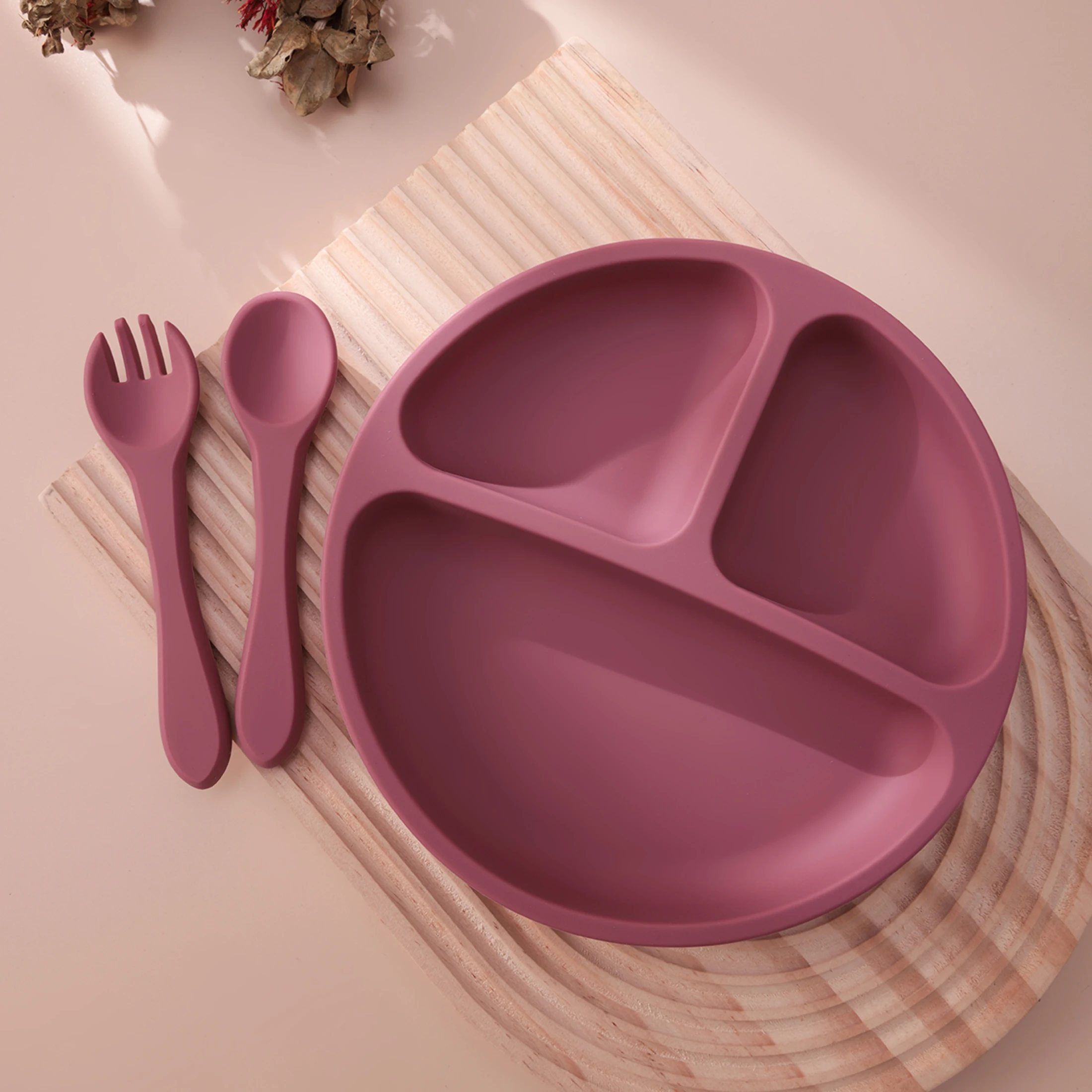 3PCS Silicone Baby Feeding Set With Suction Plate Wooden Spoon Fork BPA Free Training Tableware Dish Bowl Set Baby Shower Gifts