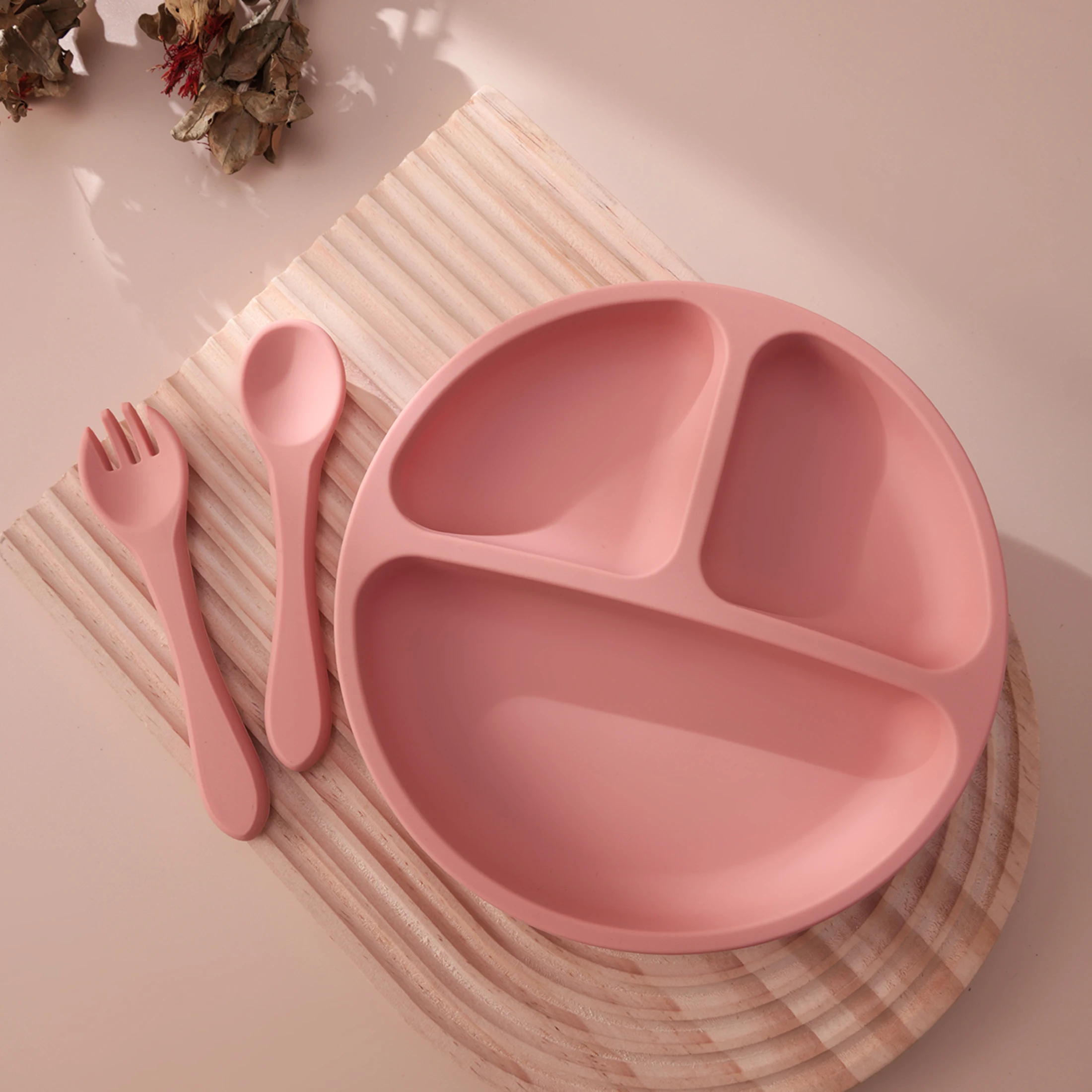 3PCS Silicone Baby Feeding Set With Suction Plate Wooden Spoon Fork BPA Free Training Tableware Dish Bowl Set Baby Shower Gifts