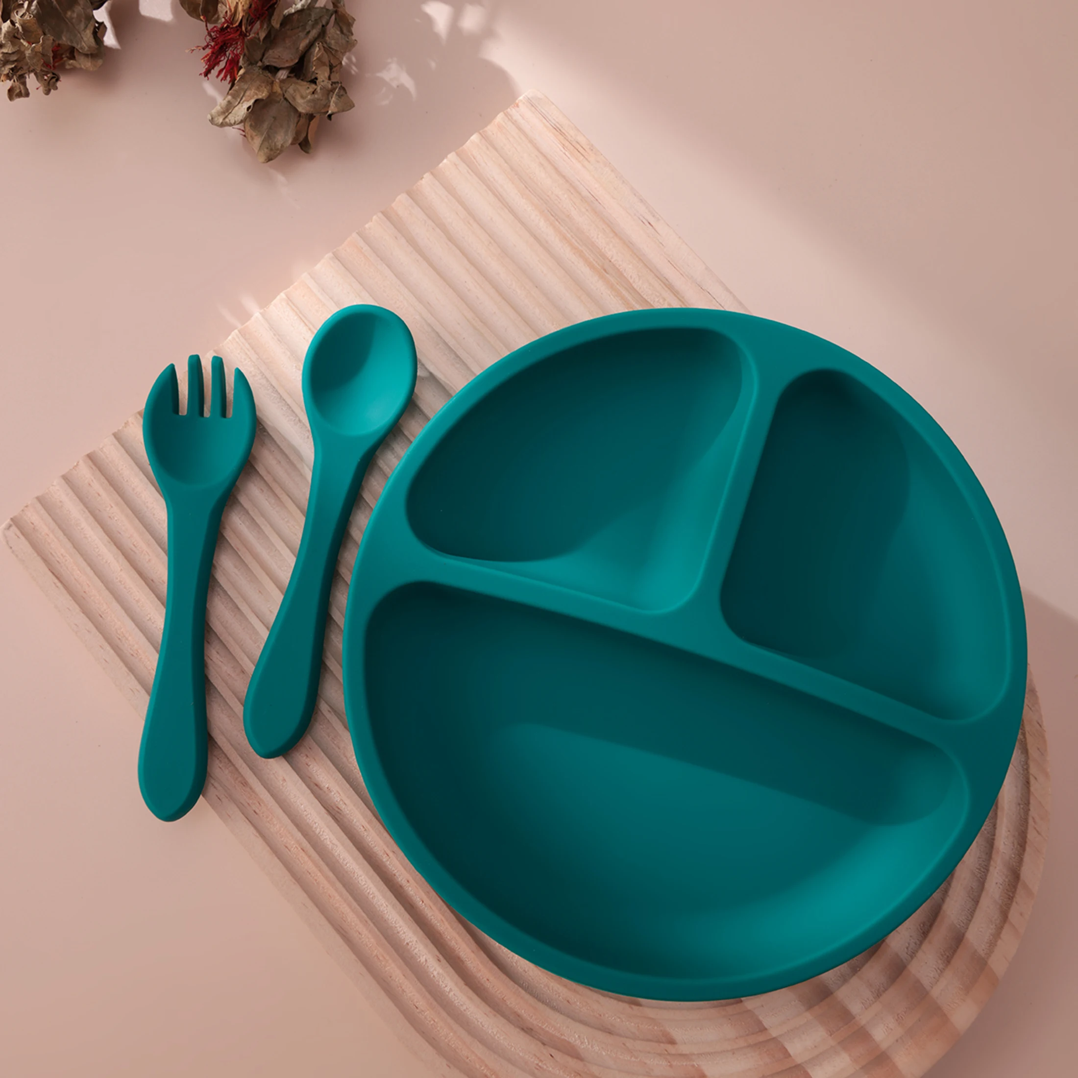 3PCS Silicone Baby Feeding Set With Suction Plate Wooden Spoon Fork BPA Free Training Tableware Dish Bowl Set Baby Shower Gifts