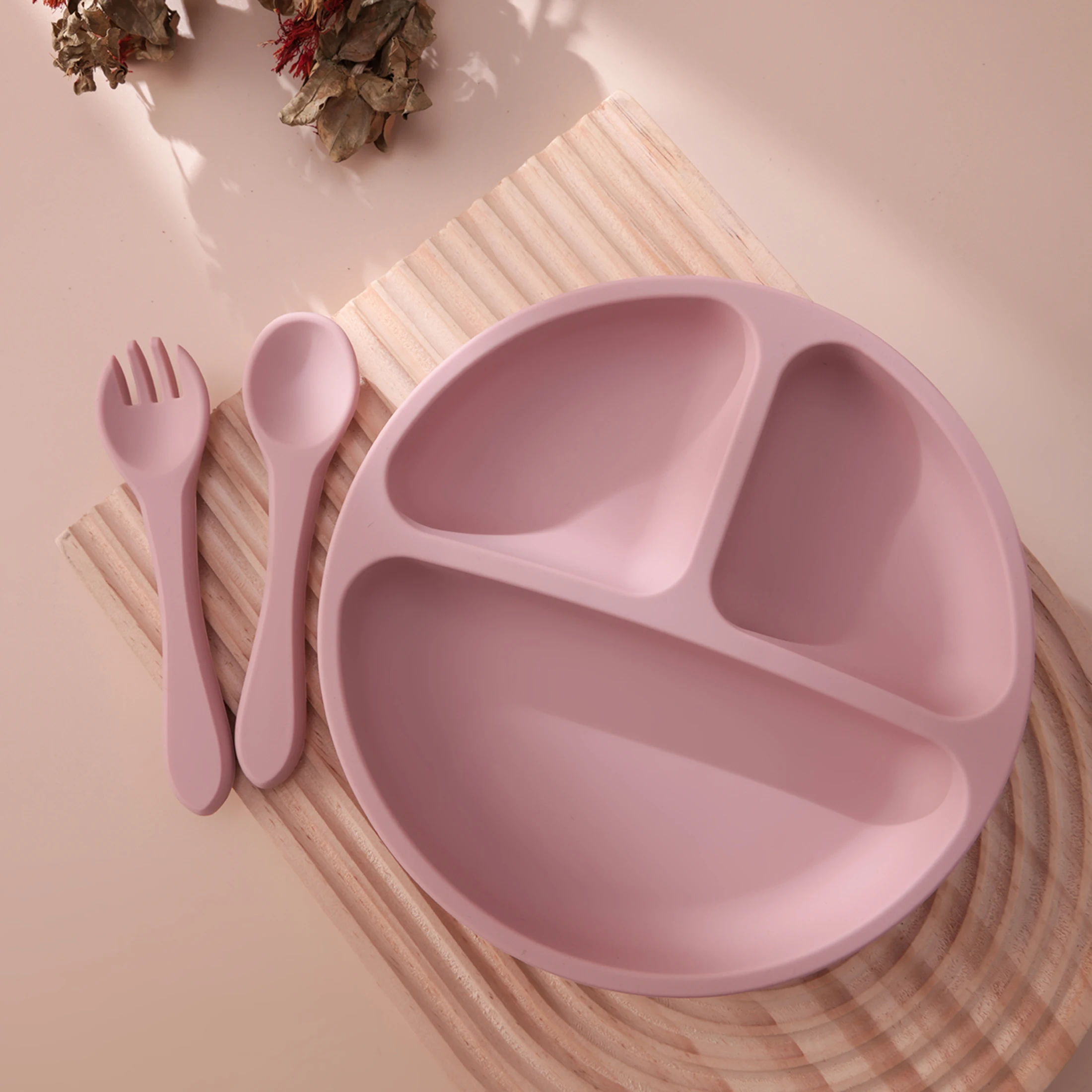 3PCS Silicone Baby Feeding Set With Suction Plate Wooden Spoon Fork BPA Free Training Tableware Dish Bowl Set Baby Shower Gifts