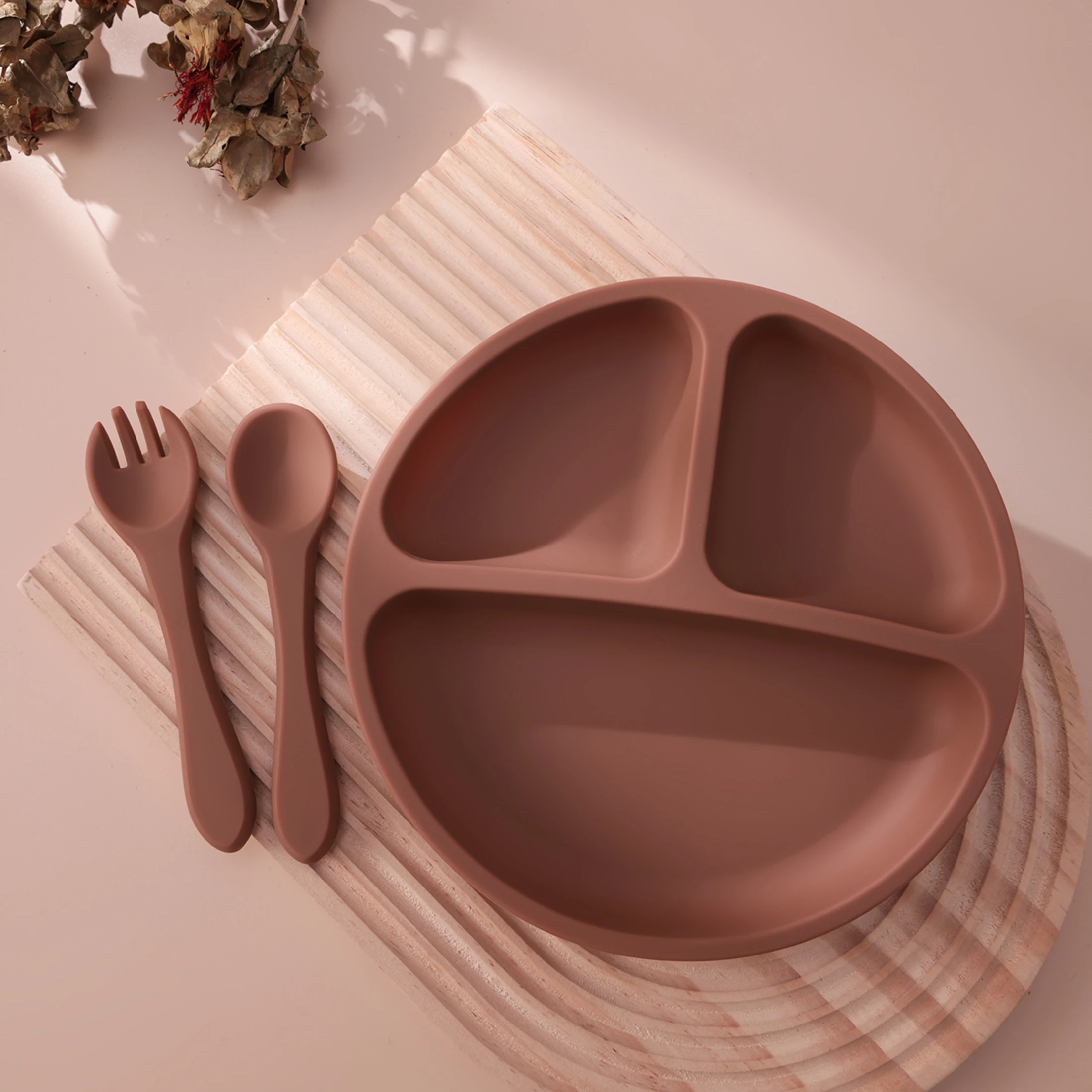 3PCS Silicone Baby Feeding Set With Suction Plate Wooden Spoon Fork BPA Free Training Tableware Dish Bowl Set Baby Shower Gifts
