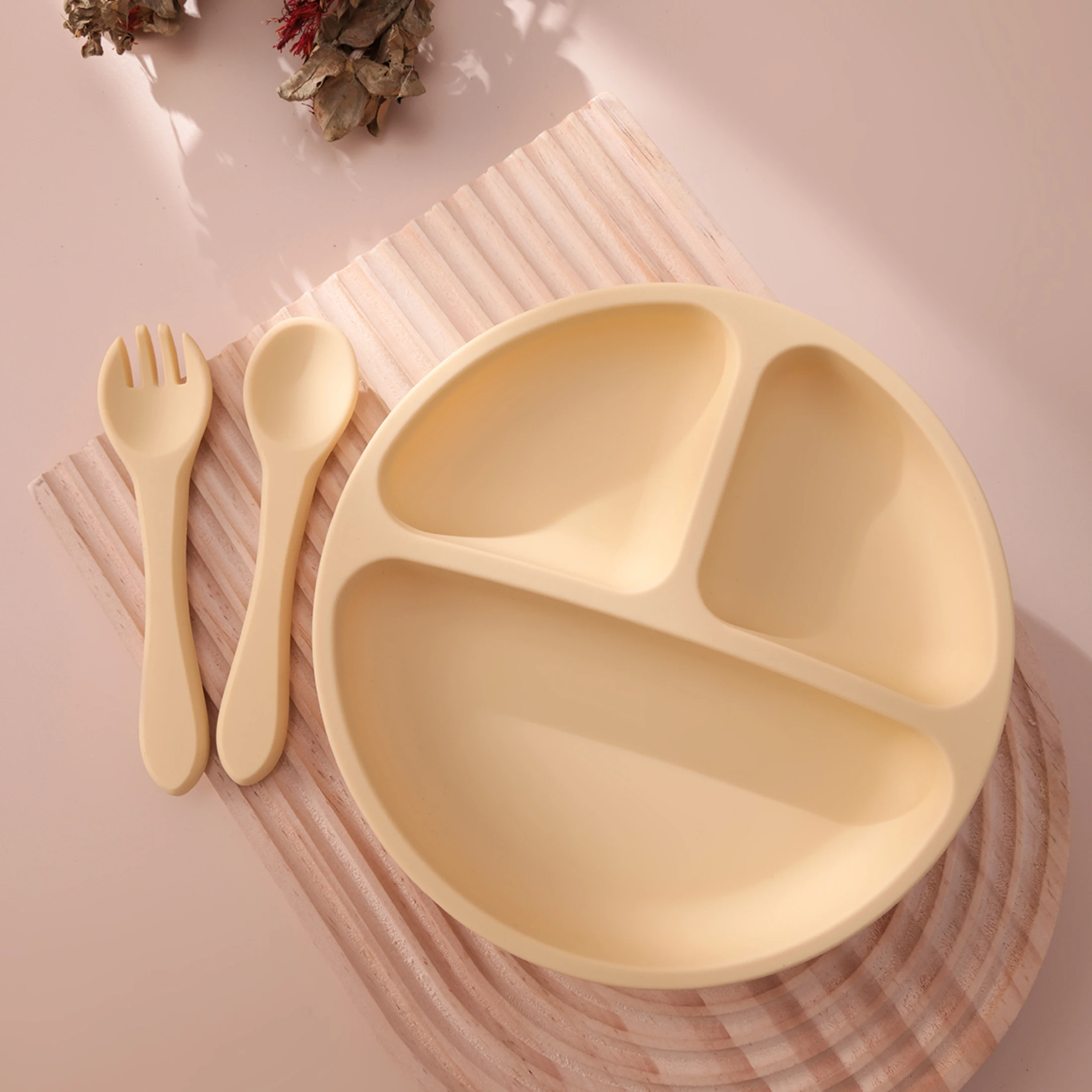3PCS Silicone Baby Feeding Set With Suction Plate Wooden Spoon Fork BPA Free Training Tableware Dish Bowl Set Baby Shower Gifts