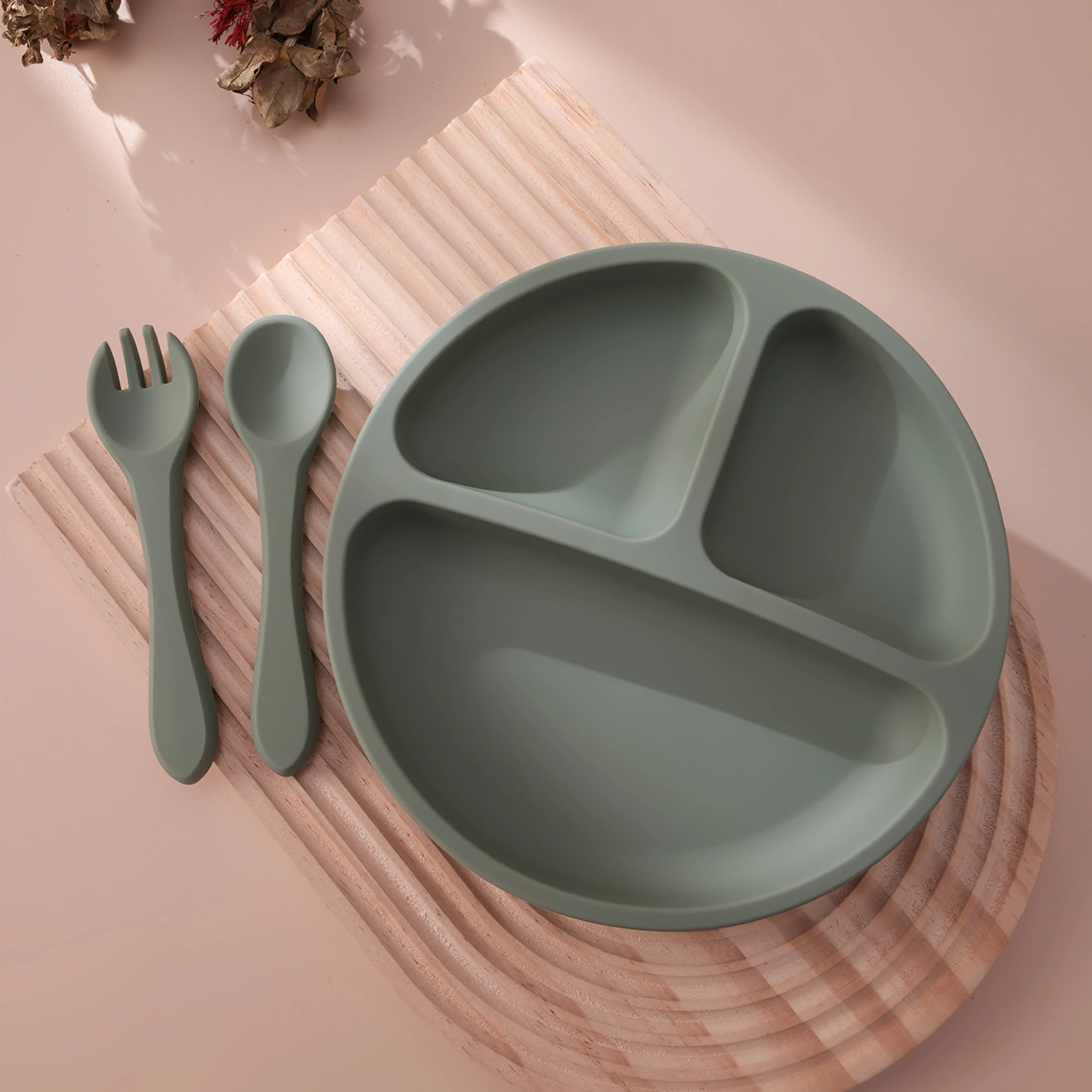 3PCS Silicone Baby Feeding Set With Suction Plate Wooden Spoon Fork BPA Free Training Tableware Dish Bowl Set Baby Shower Gifts
