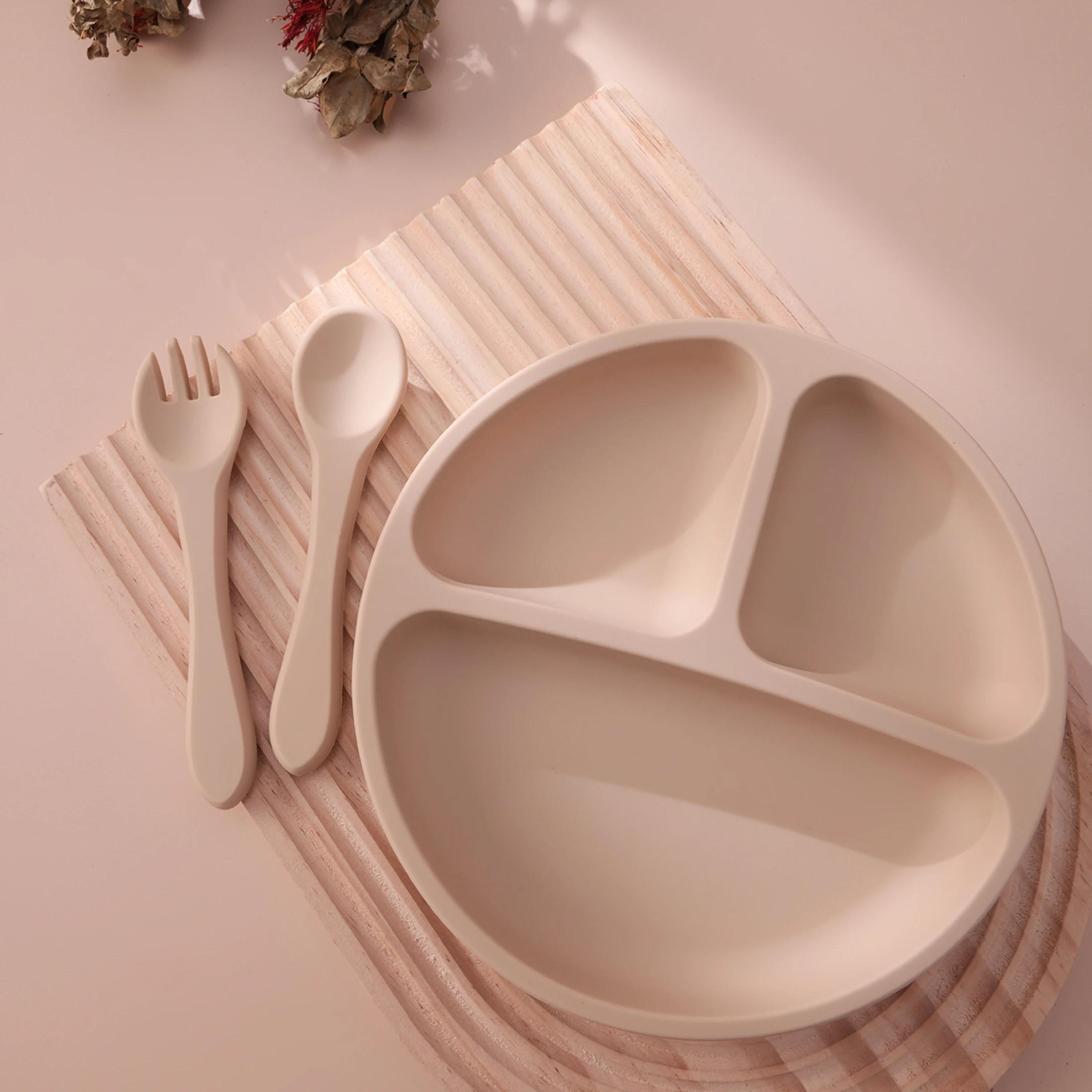 3PCS Silicone Baby Feeding Set With Suction Plate Wooden Spoon Fork BPA Free Training Tableware Dish Bowl Set Baby Shower Gifts