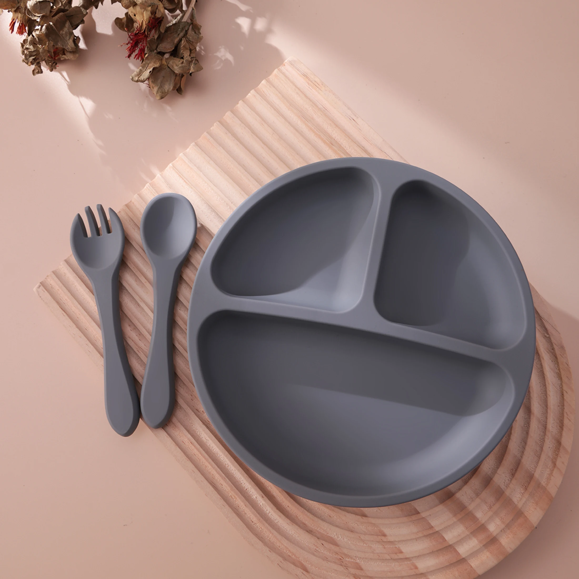 3PCS Silicone Baby Feeding Set With Suction Plate Wooden Spoon Fork BPA Free Training Tableware Dish Bowl Set Baby Shower Gifts