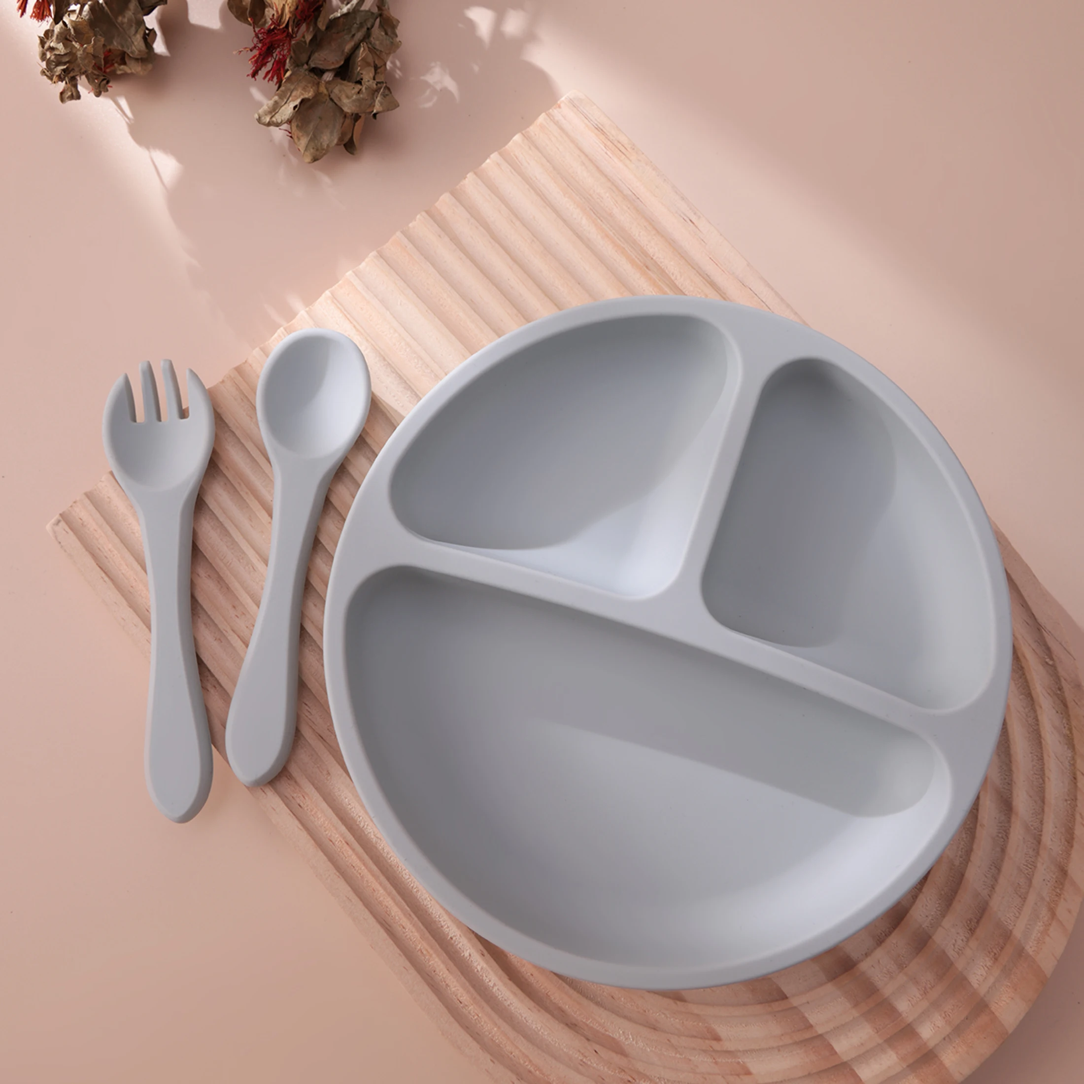 3PCS Silicone Baby Feeding Set With Suction Plate Wooden Spoon Fork BPA Free Training Tableware Dish Bowl Set Baby Shower Gifts