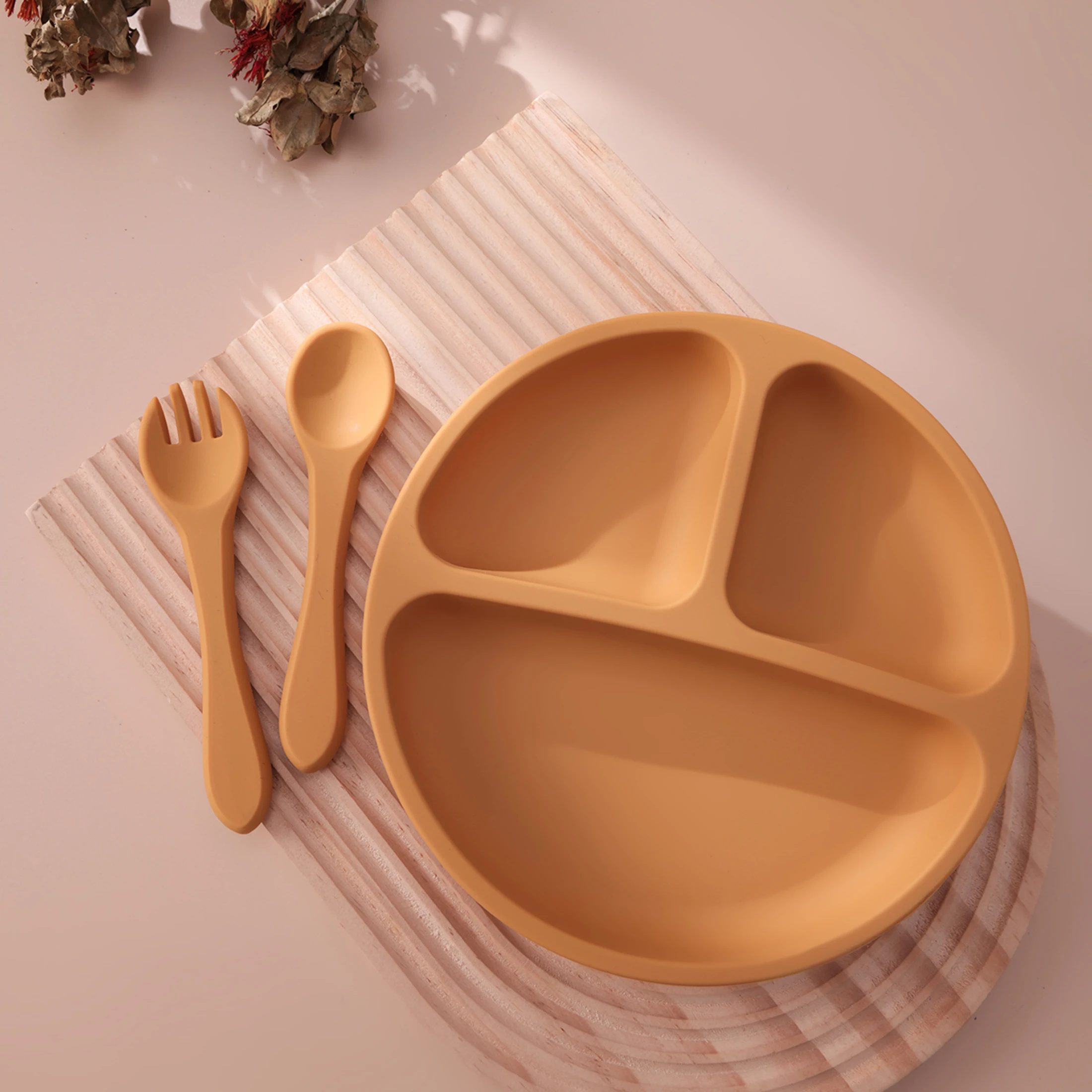 3PCS Silicone Baby Feeding Set With Suction Plate Wooden Spoon Fork BPA Free Training Tableware Dish Bowl Set Baby Shower Gifts