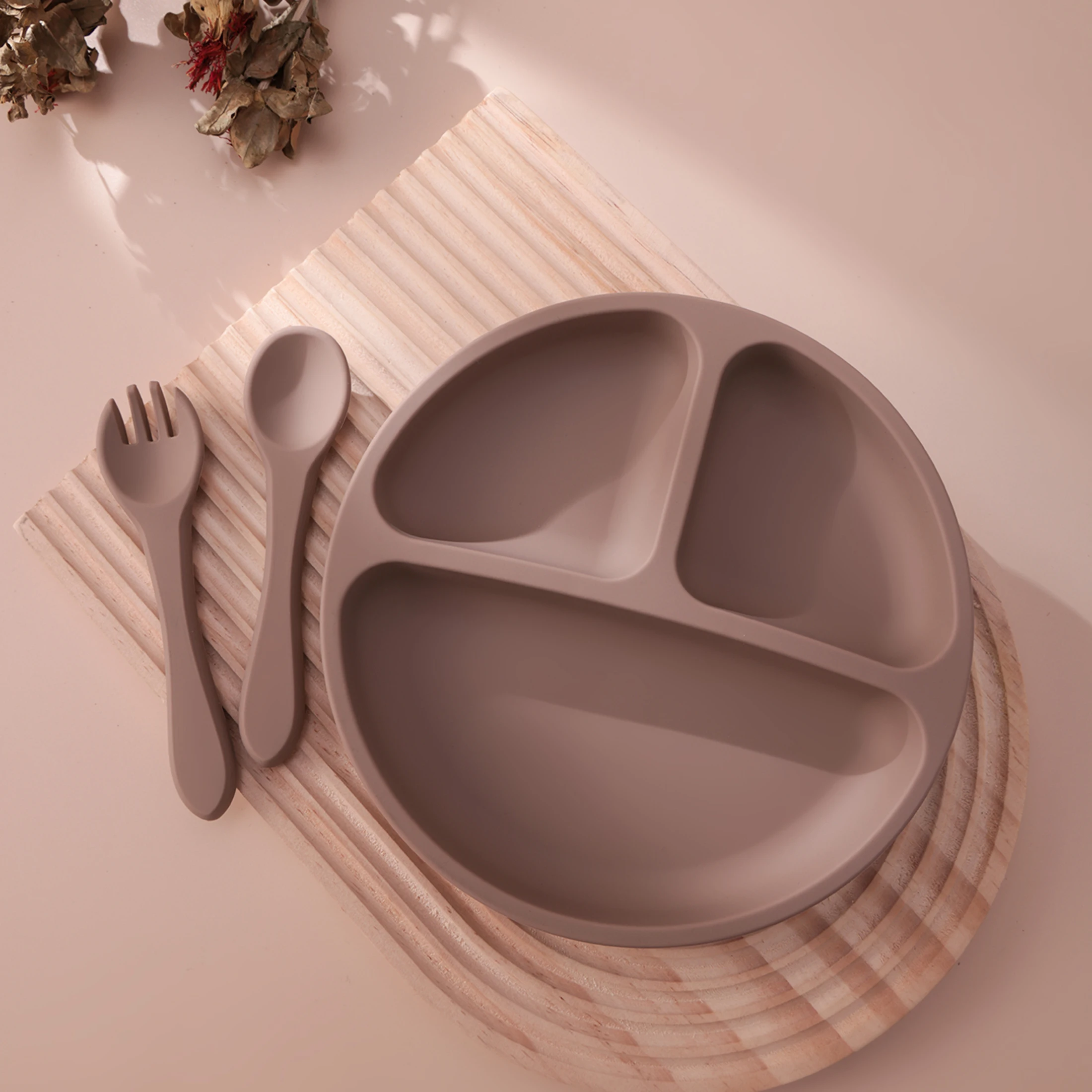 3PCS Silicone Baby Feeding Set With Suction Plate Wooden Spoon Fork BPA Free Training Tableware Dish Bowl Set Baby Shower Gifts