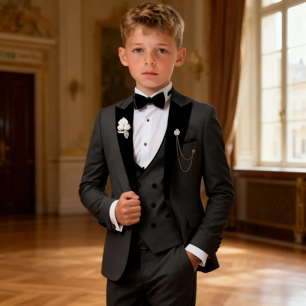 10 Days Delivery Formal Suit For Children Wedding Suit For Boy Suit School Graduation Black Velvet Lapels Stage Performance