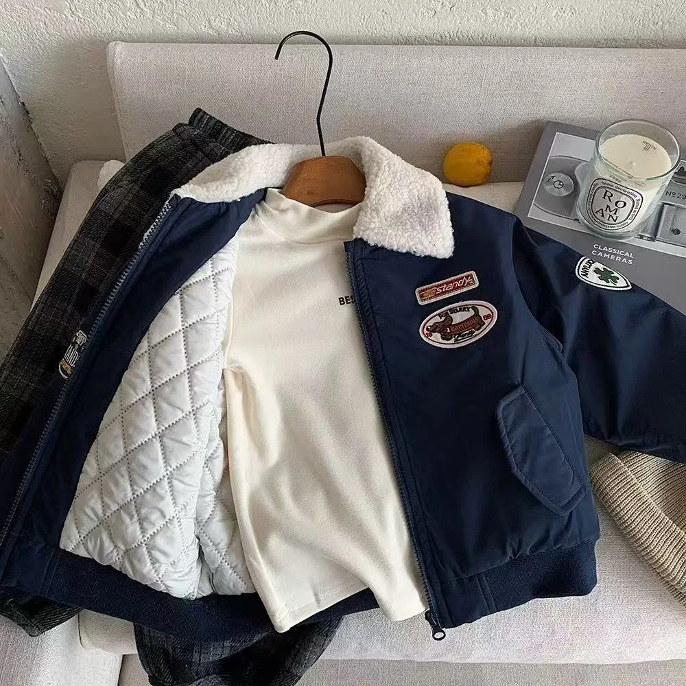 2026 New Boys Winter Quilted Jacket Korean Style Thickened Embroidered Toddler Baby Warm Cotton Padded Outerwear 90-150cm
