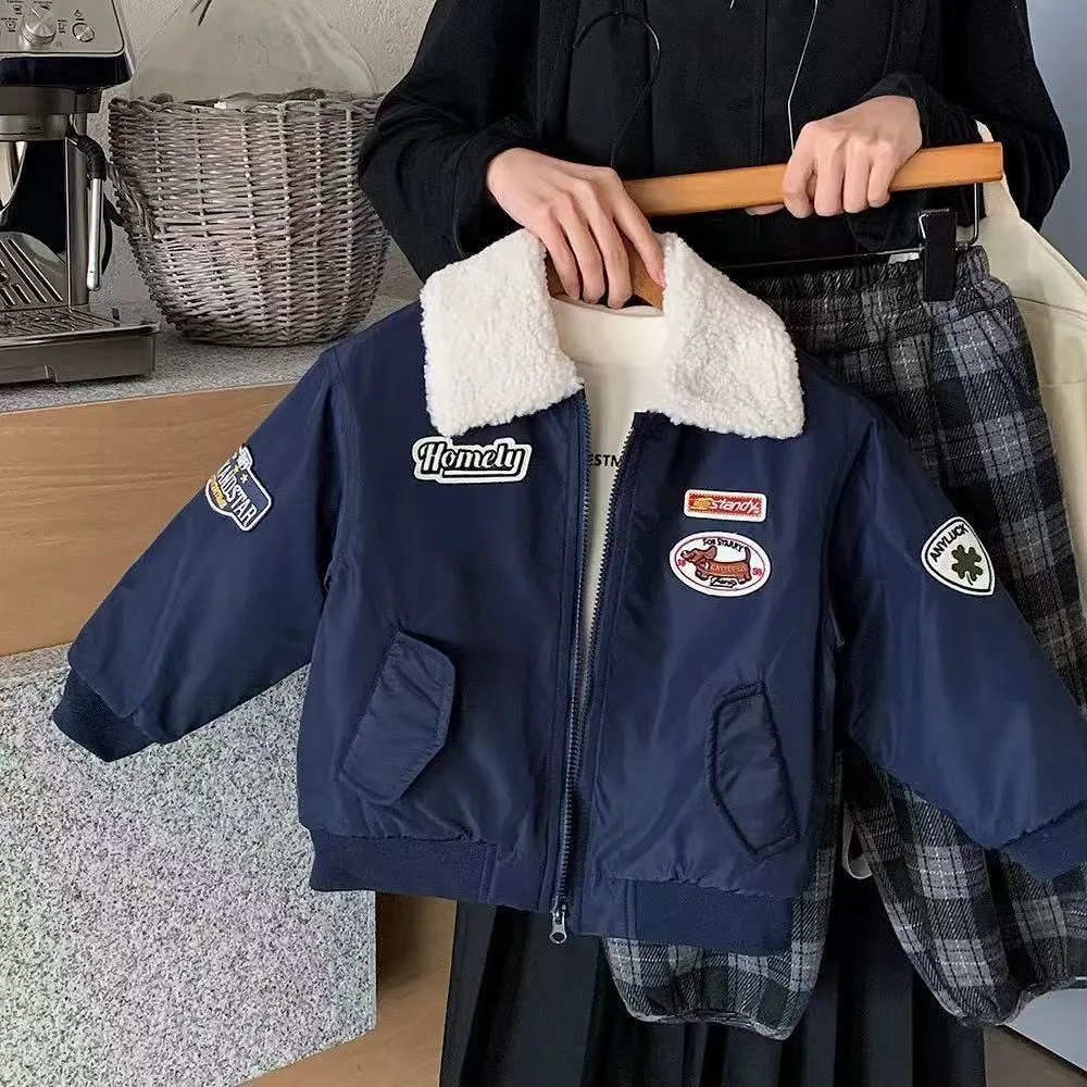2026 New Boys Winter Quilted Jacket Korean Style Thickened Embroidered Toddler Baby Warm Cotton Padded Outerwear 90-150cm