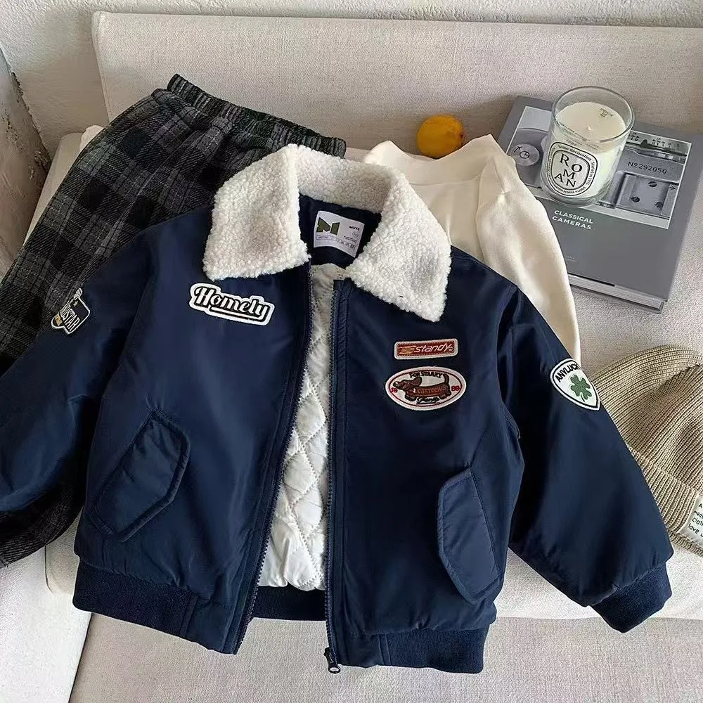 2026 New Boys Winter Quilted Jacket Korean Style Thickened Embroidered Toddler Baby Warm Cotton Padded Outerwear 90-150cm