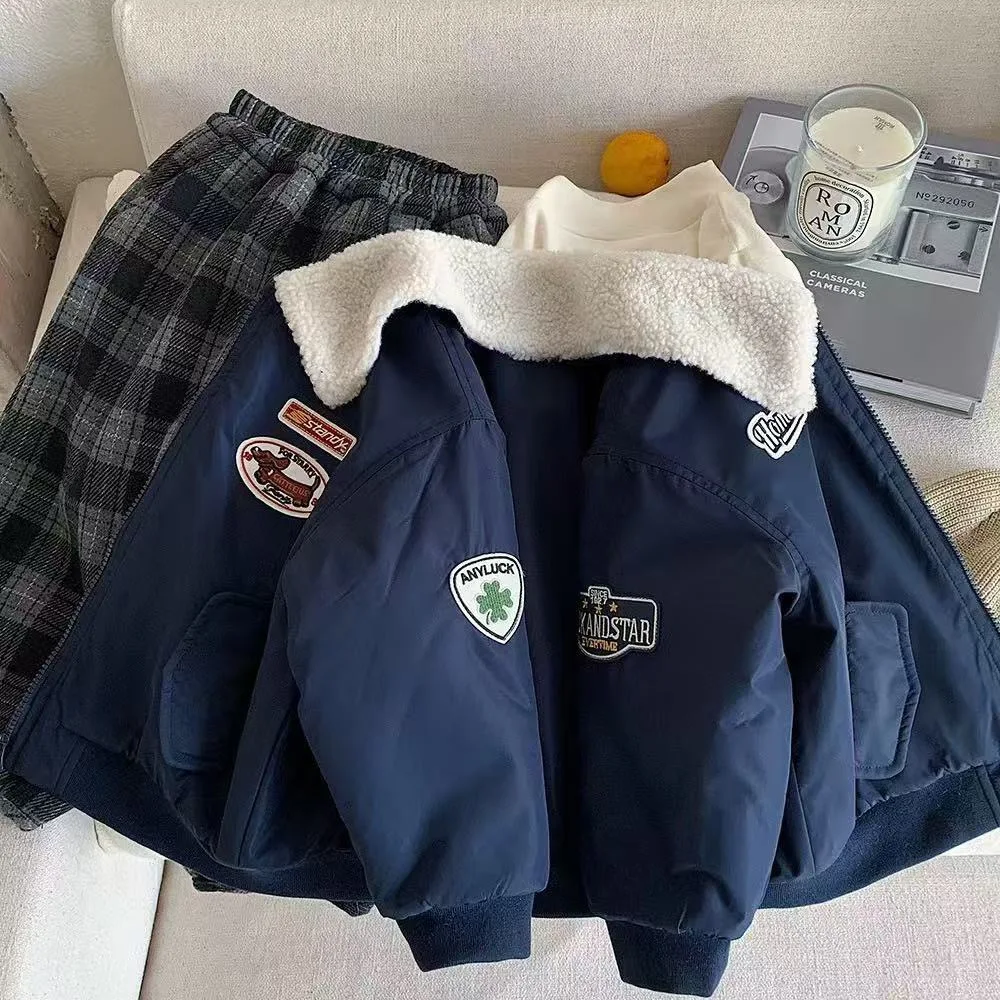 2026 New Boys Winter Quilted Jacket Korean Style Thickened Embroidered Toddler Baby Warm Cotton Padded Outerwear 90-150cm