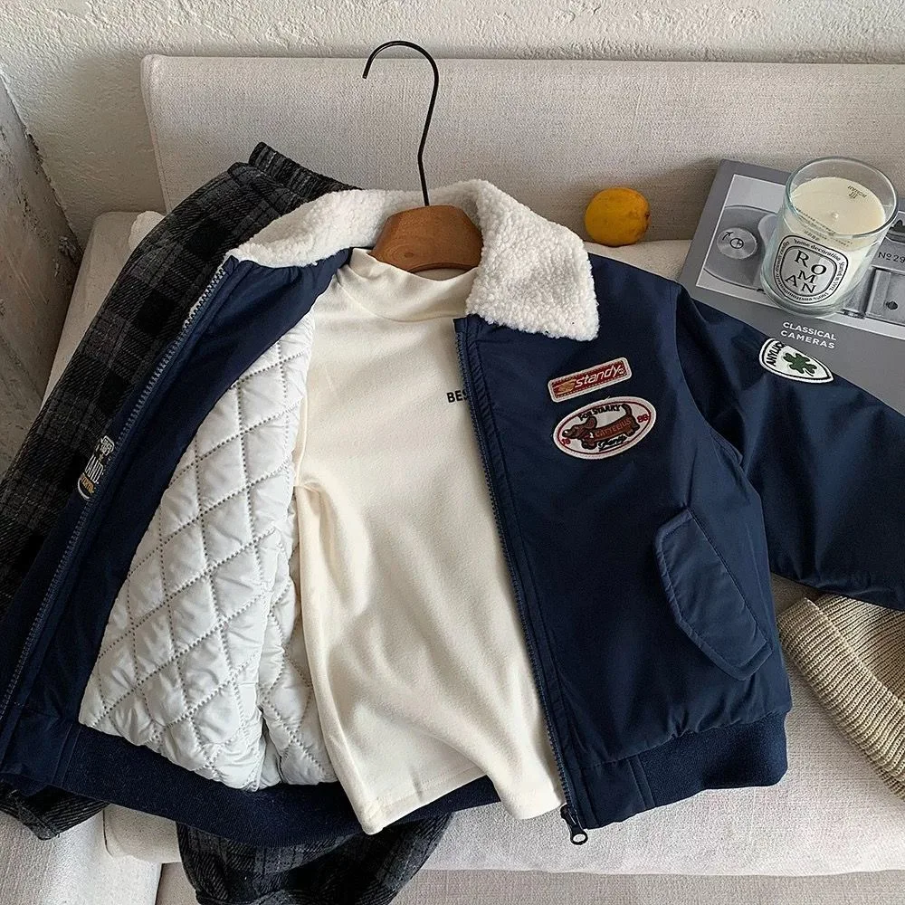 2026 New Boys Winter Quilted Jacket Korean Style Thickened Embroidered Toddler Baby Warm Cotton Padded Outerwear 90-150cm