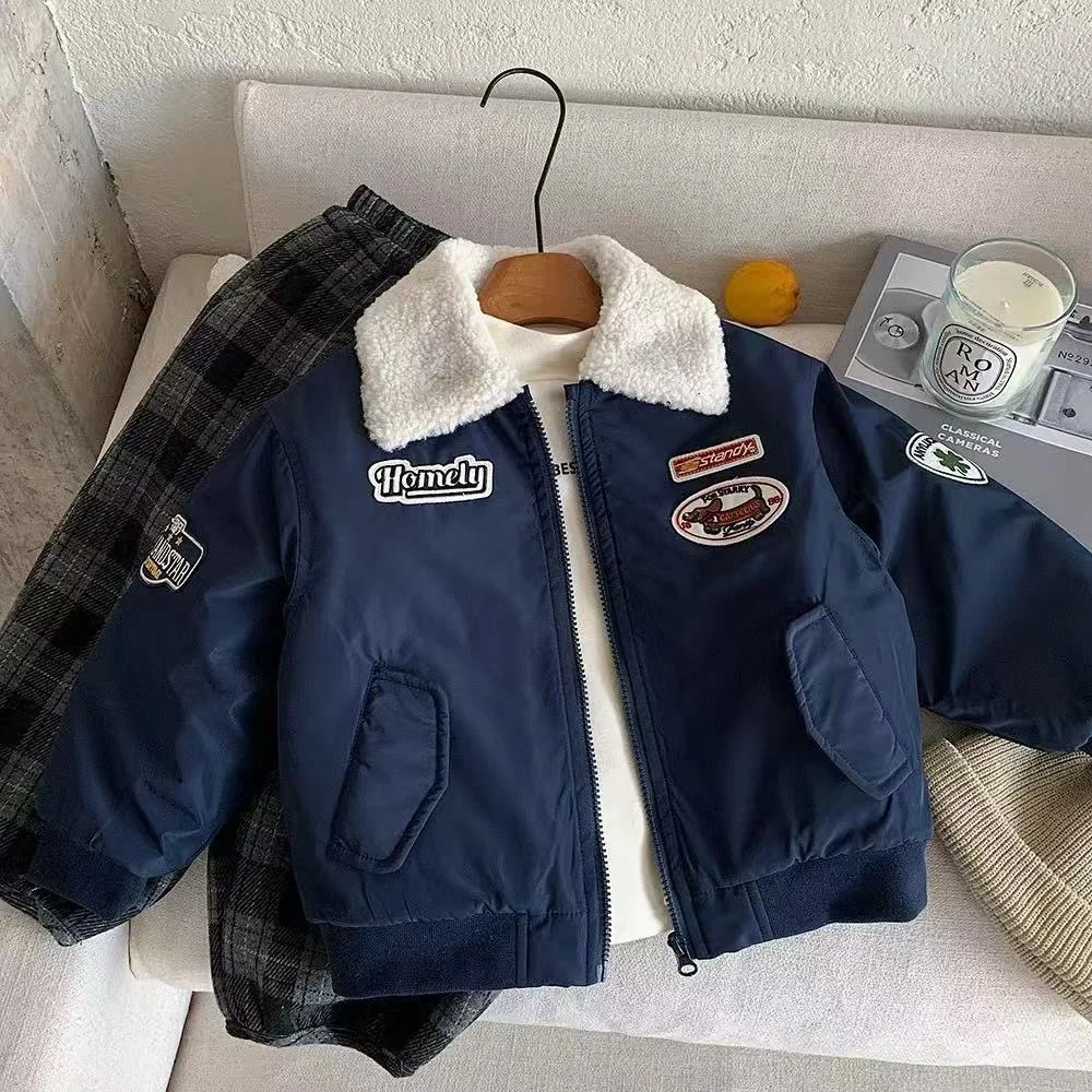 2026 New Boys Winter Quilted Jacket Korean Style Thickened Embroidered Toddler Baby Warm Cotton Padded Outerwear 90-150cm