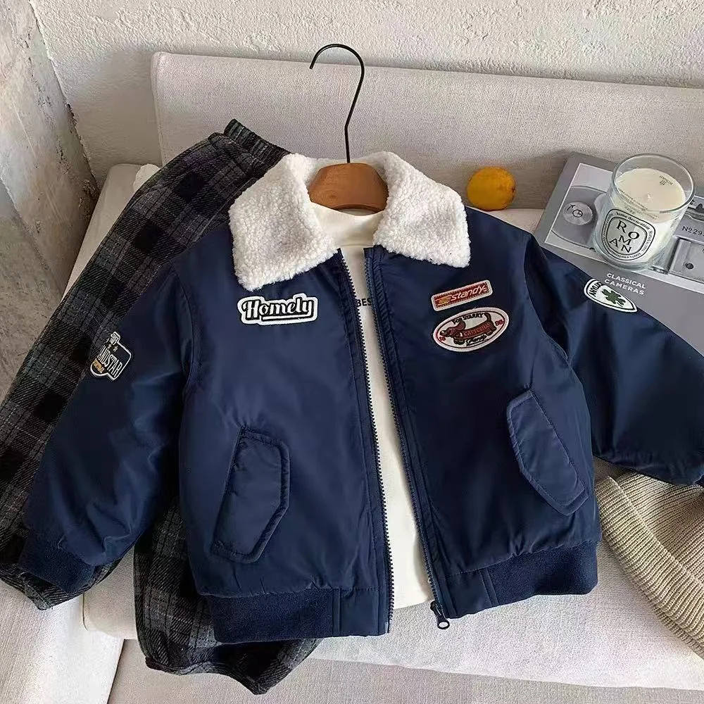 2026 New Boys Winter Quilted Jacket Korean Style Thickened Embroidered Toddler Baby Warm Cotton Padded Outerwear 90-150cm