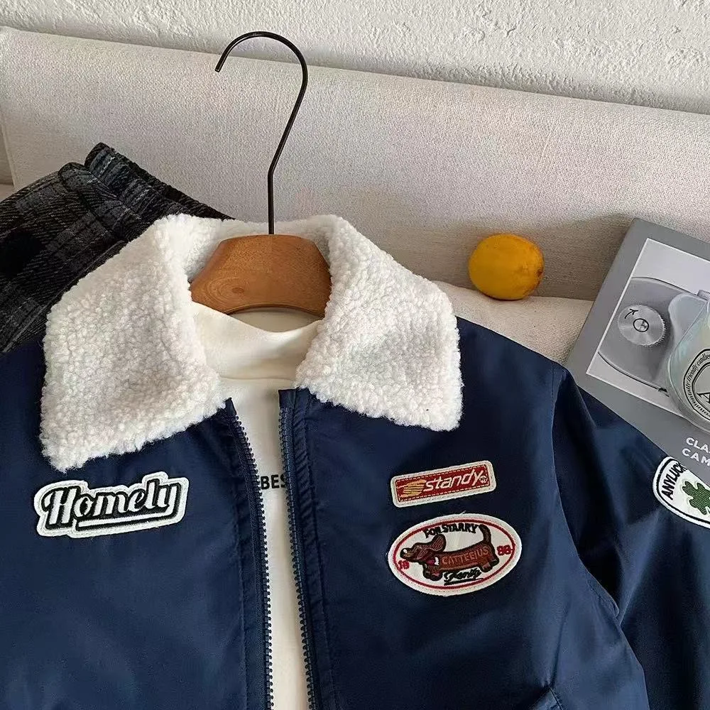 2026 New Boys Winter Quilted Jacket Korean Style Thickened Embroidered Toddler Baby Warm Cotton Padded Outerwear 90-150cm