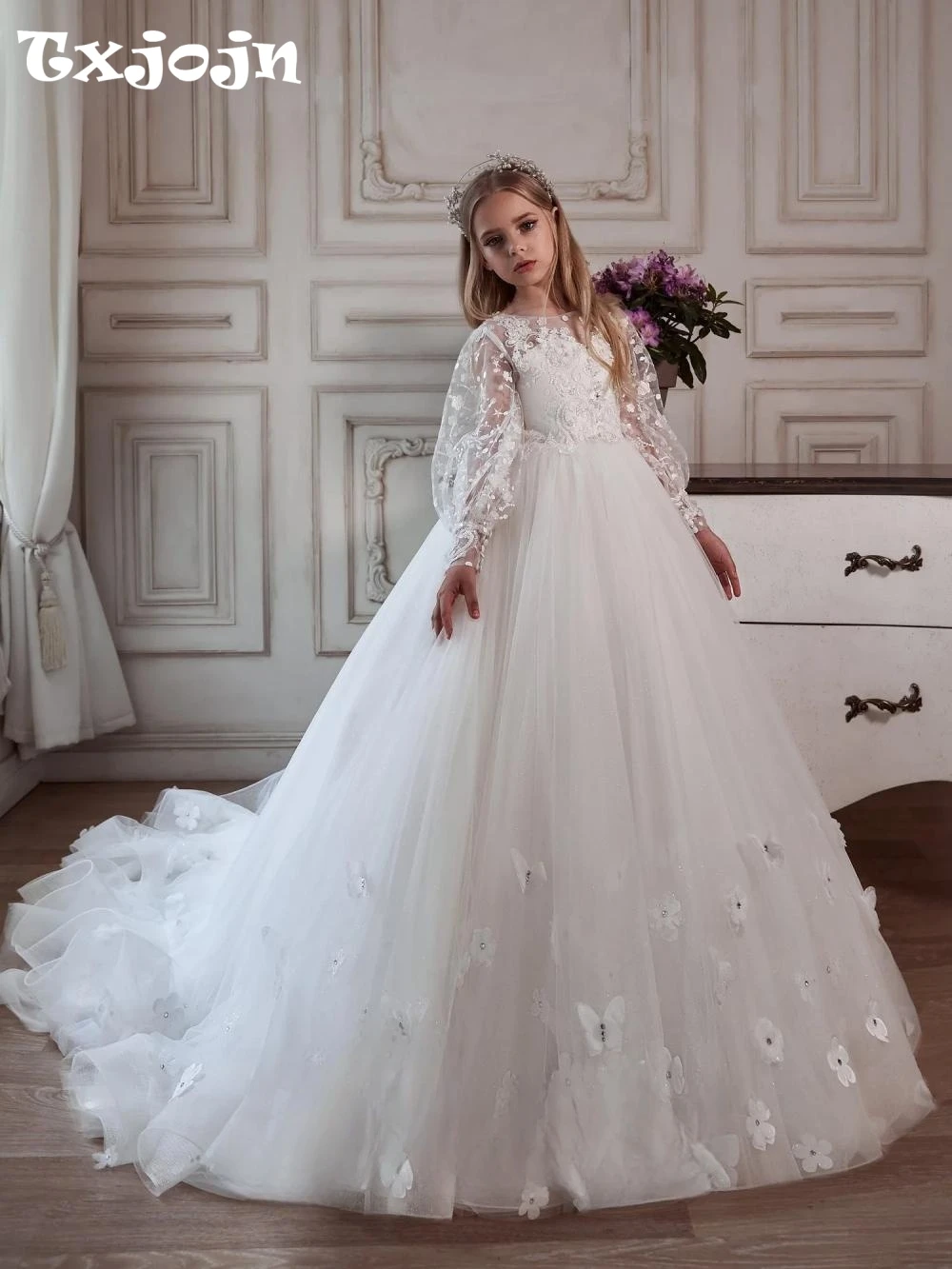Charming Sweet Beaded Lace Appliques Girls Dresses For Dancing Performance Exquisite Puff Sleeve Kids Princess Gown Party Wear