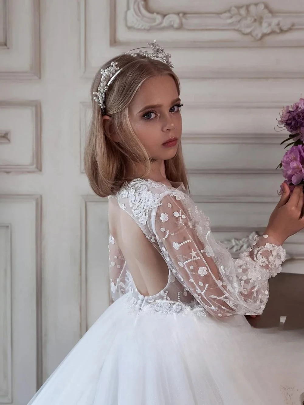 Charming Sweet Beaded Lace Appliques Girls Dresses For Dancing Performance Exquisite Puff Sleeve Kids Princess Gown Party Wear