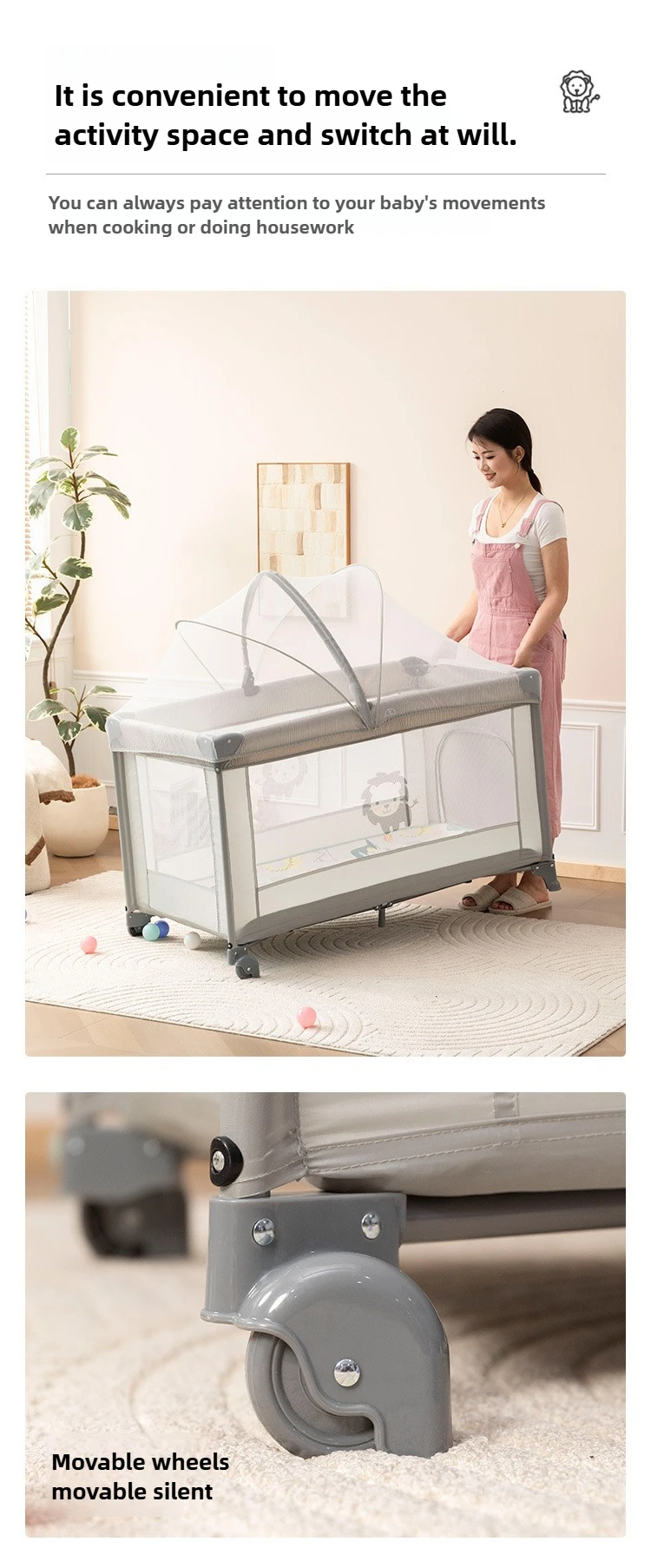 Portable baby bed, foldable 0-4 years old newborn cradle bed Multifunctional baby bed with mosquito net, mattress, cool mat