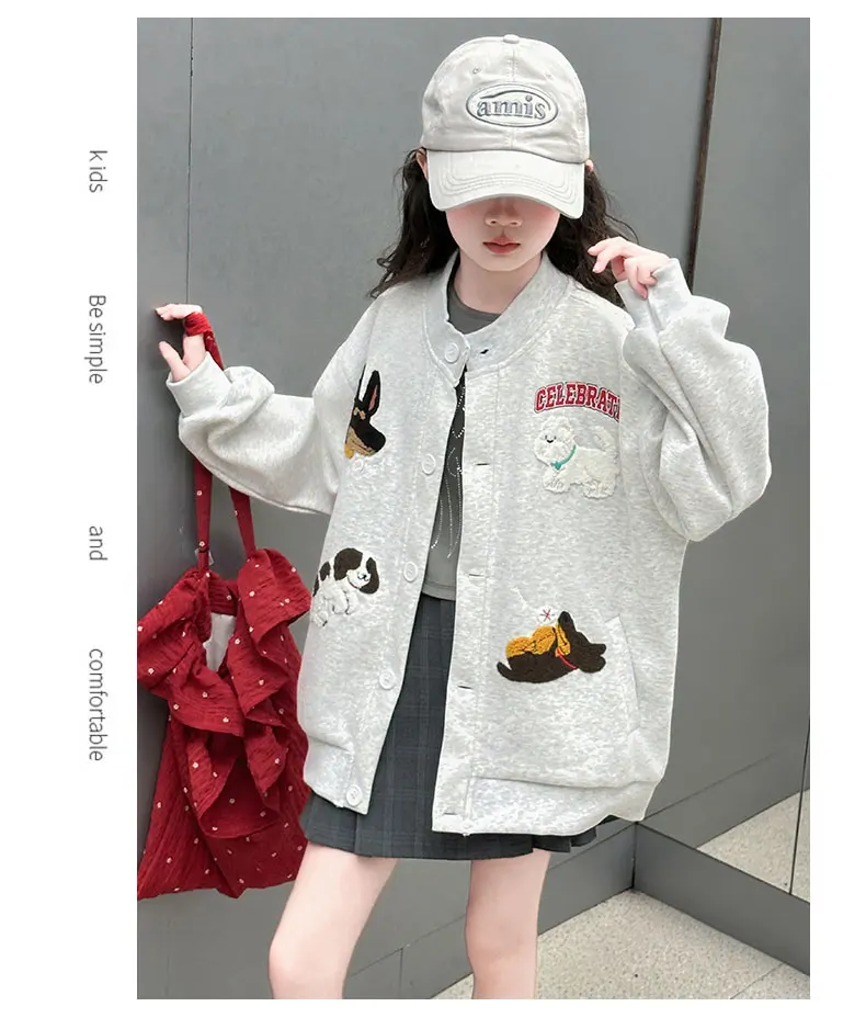 autumn teen girls cotton gray yellow cartoon hooded coats embroidery dog junior kids baseball jacket 4-14 child outerwear