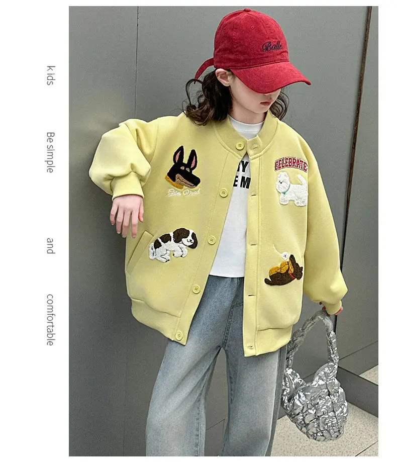 autumn teen girls cotton gray yellow cartoon hooded coats embroidery dog junior kids baseball jacket 4-14 child outerwear