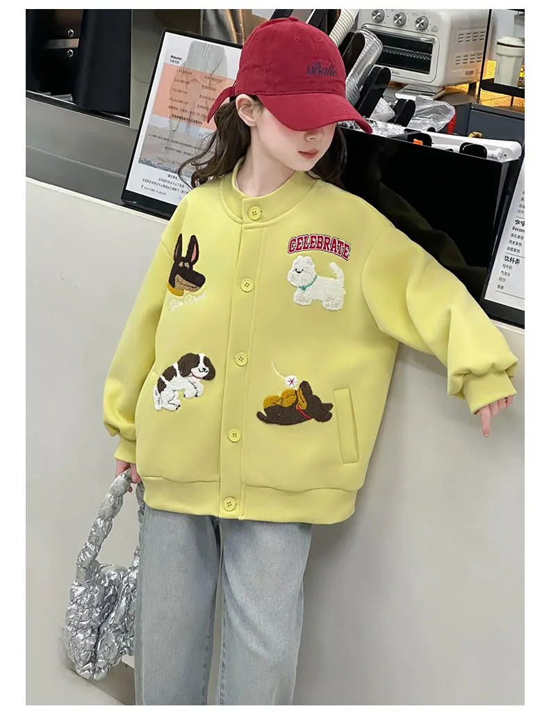 autumn teen girls cotton gray yellow cartoon hooded coats embroidery dog junior kids baseball jacket 4-14 child outerwear
