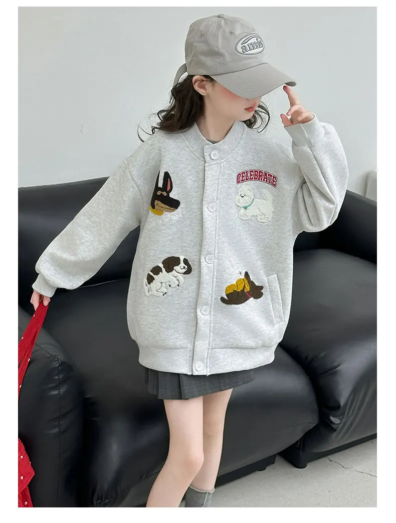 autumn teen girls cotton gray yellow cartoon hooded coats embroidery dog junior kids baseball jacket 4-14 child outerwear