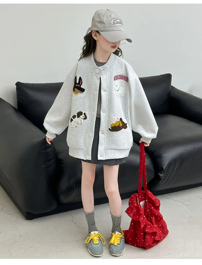 autumn teen girls cotton gray yellow cartoon hooded coats embroidery dog junior kids baseball jacket 4-14 child outerwear