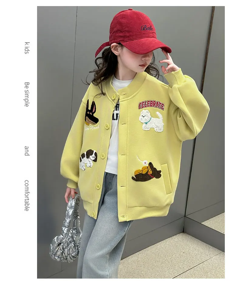 autumn teen girls cotton gray yellow cartoon hooded coats embroidery dog junior kids baseball jacket 4-14 child outerwear
