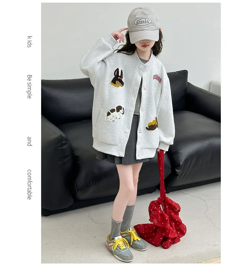 autumn teen girls cotton gray yellow cartoon hooded coats embroidery dog junior kids baseball jacket 4-14 child outerwear
