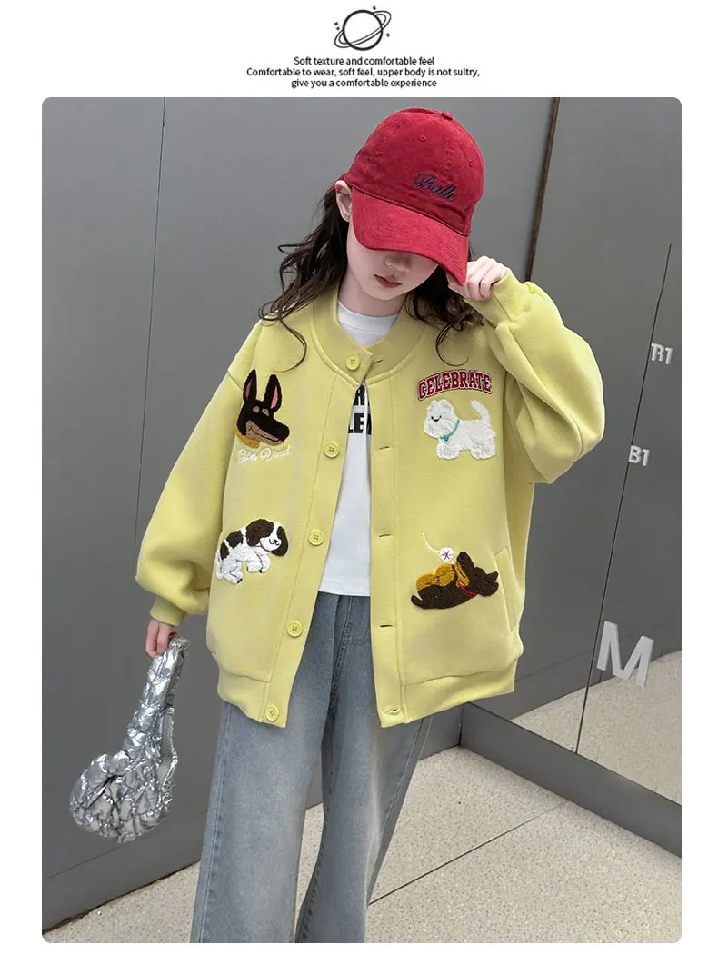 autumn teen girls cotton gray yellow cartoon hooded coats embroidery dog junior kids baseball jacket 4-14 child outerwear