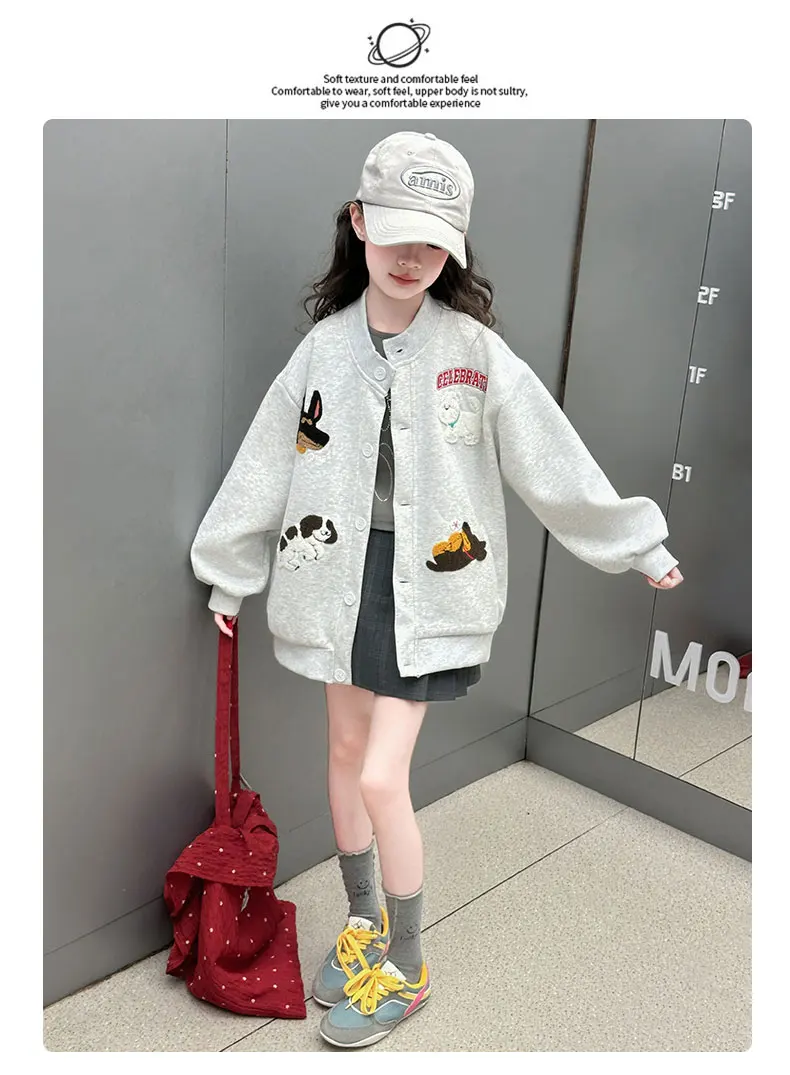 autumn teen girls cotton gray yellow cartoon hooded coats embroidery dog junior kids baseball jacket 4-14 child outerwear