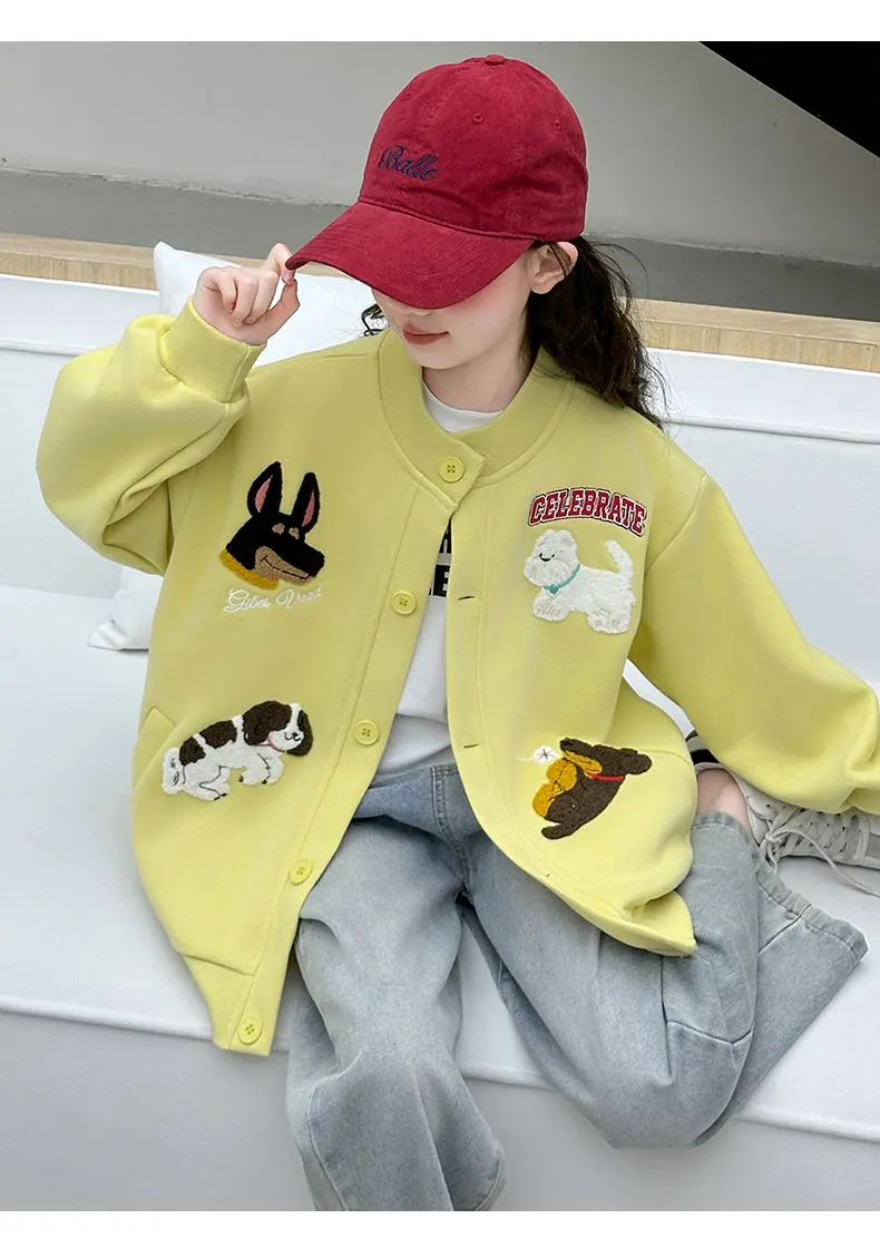 autumn teen girls cotton gray yellow cartoon hooded coats embroidery dog junior kids baseball jacket 4-14 child outerwear