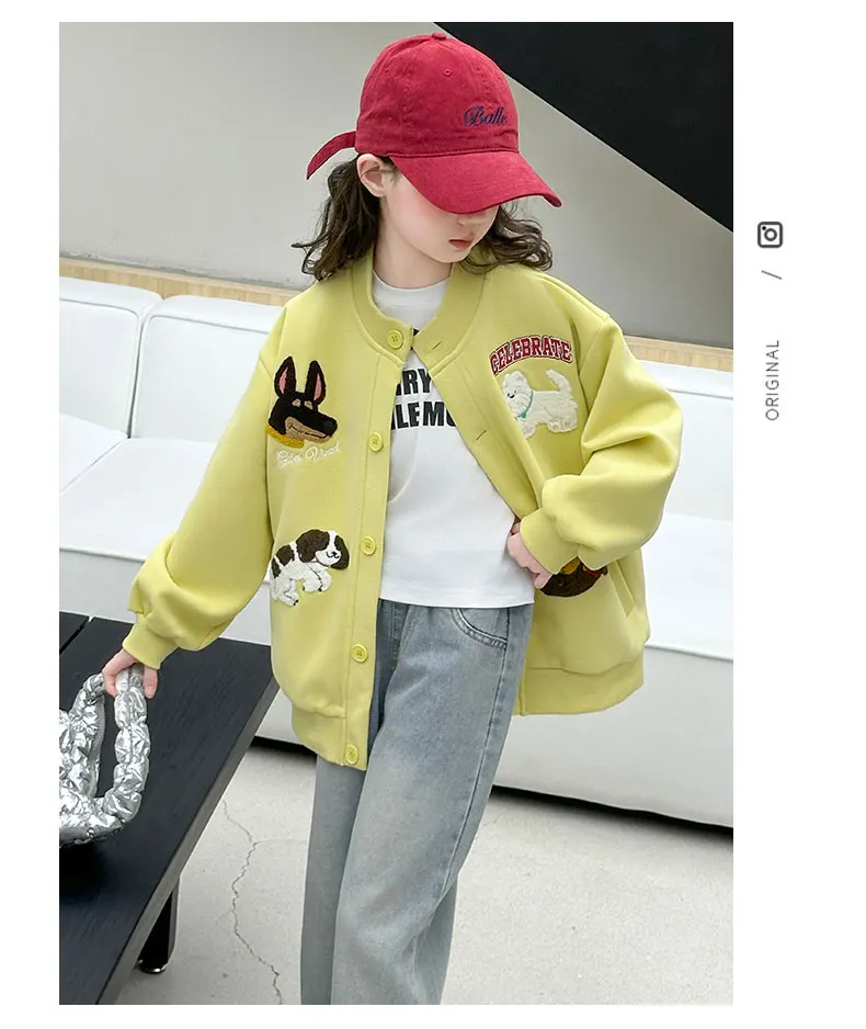 autumn teen girls cotton gray yellow cartoon hooded coats embroidery dog junior kids baseball jacket 4-14 child outerwear