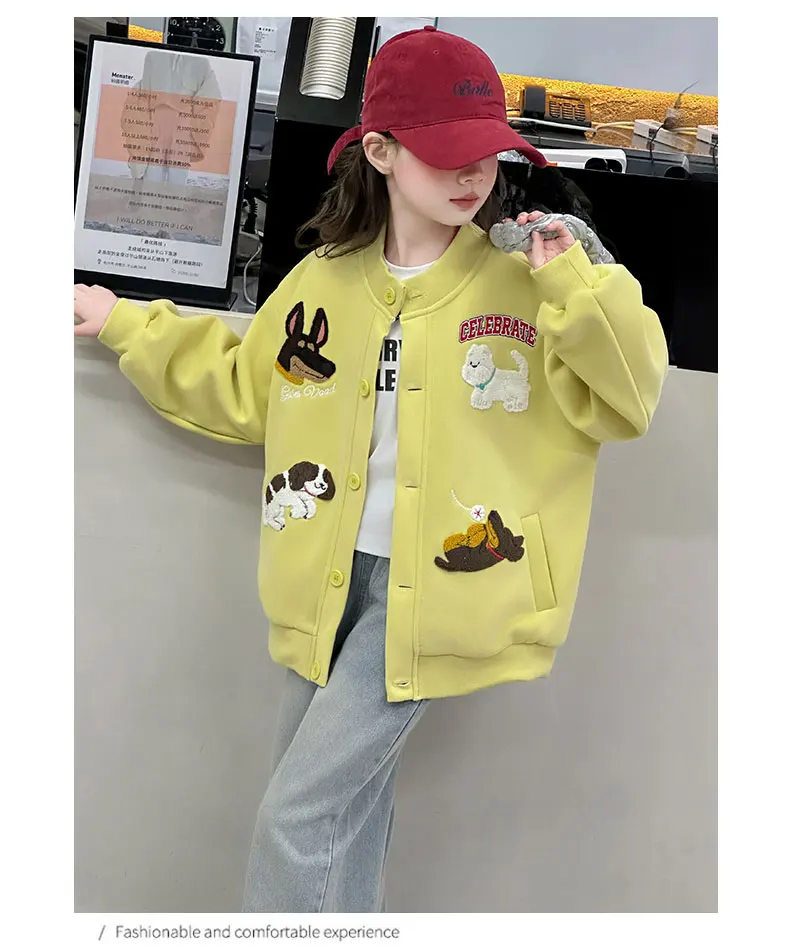 autumn teen girls cotton gray yellow cartoon hooded coats embroidery dog junior kids baseball jacket 4-14 child outerwear