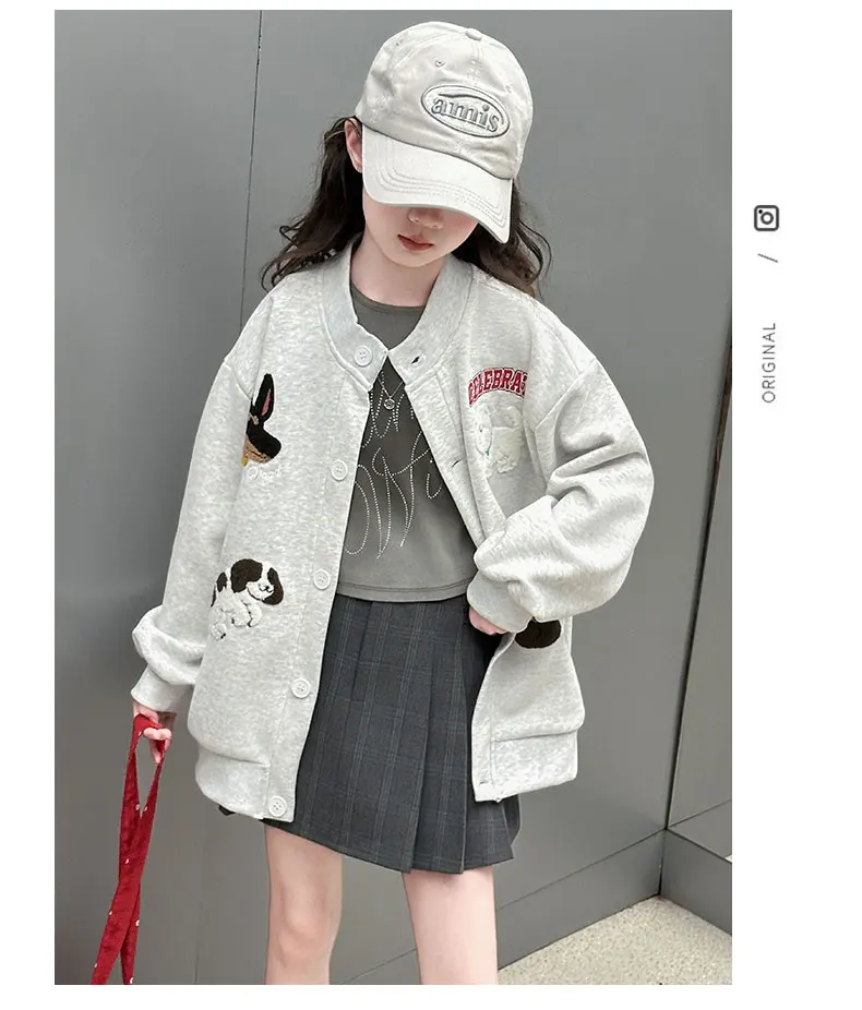 autumn teen girls cotton gray yellow cartoon hooded coats embroidery dog junior kids baseball jacket 4-14 child outerwear