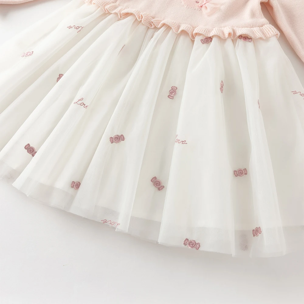 Dave Bella Girls Sweater Dress Spring Summer Long Sleeve Baby Kids Cotton Mesh Skirt Sweet Outerwear Children Clothing DB1260232