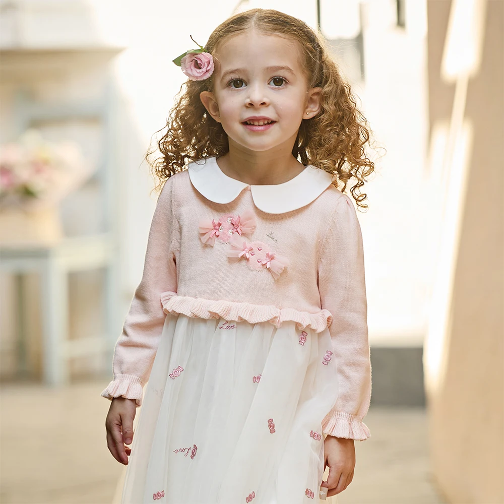 Dave Bella Girls Sweater Dress Spring Summer Long Sleeve Baby Kids Cotton Mesh Skirt Sweet Outerwear Children Clothing DB1260232