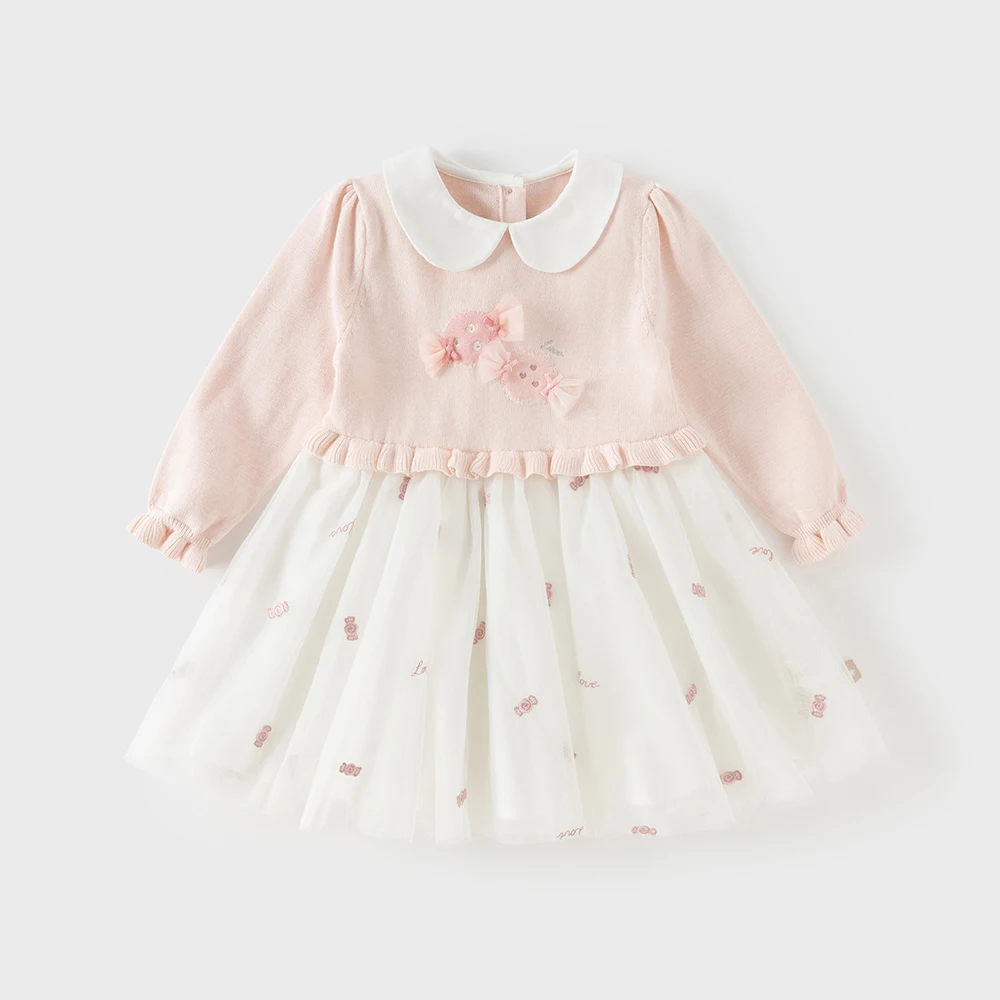 Dave Bella Girls Sweater Dress Spring Summer Long Sleeve Baby Kids Cotton Mesh Skirt Sweet Outerwear Children Clothing DB1260232
