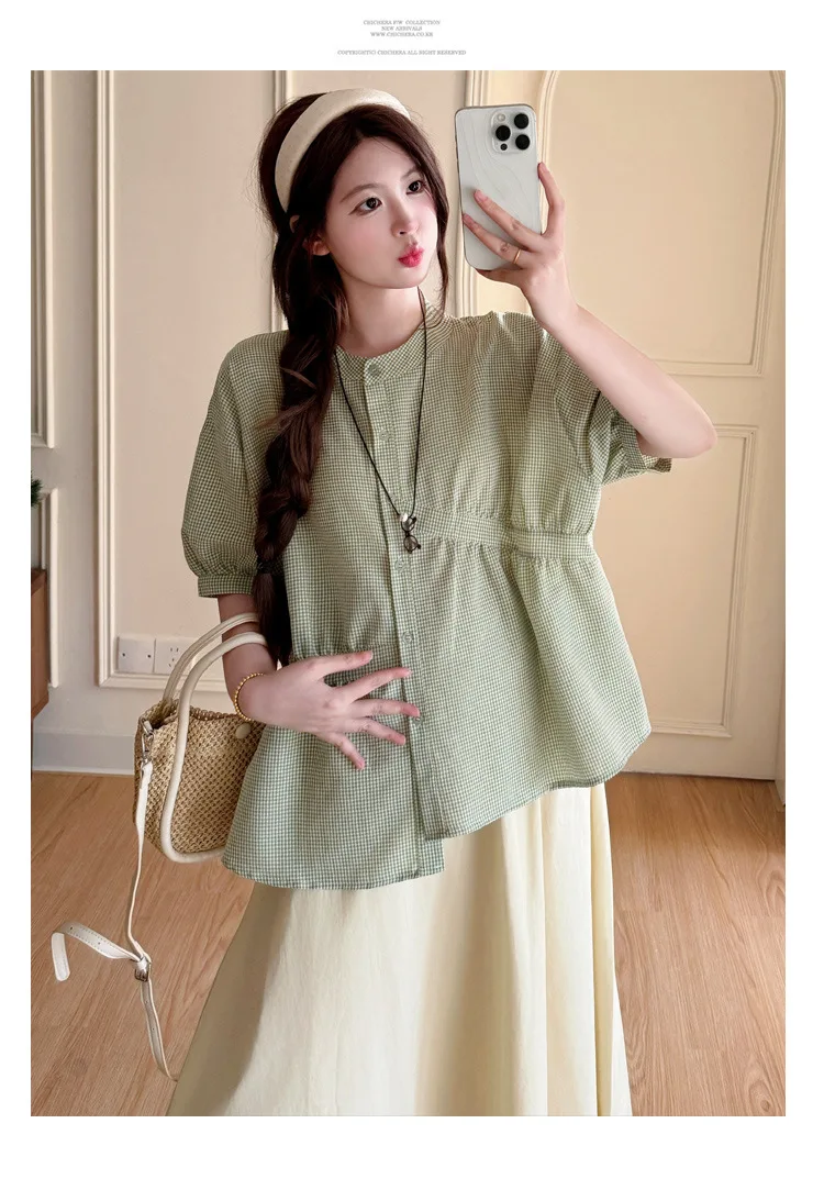 Maternity Suit Summer 2026 Green plaid doll shirt and Beige A Line Skirt Two Piece Set Gentle Cute For Pregnant Women