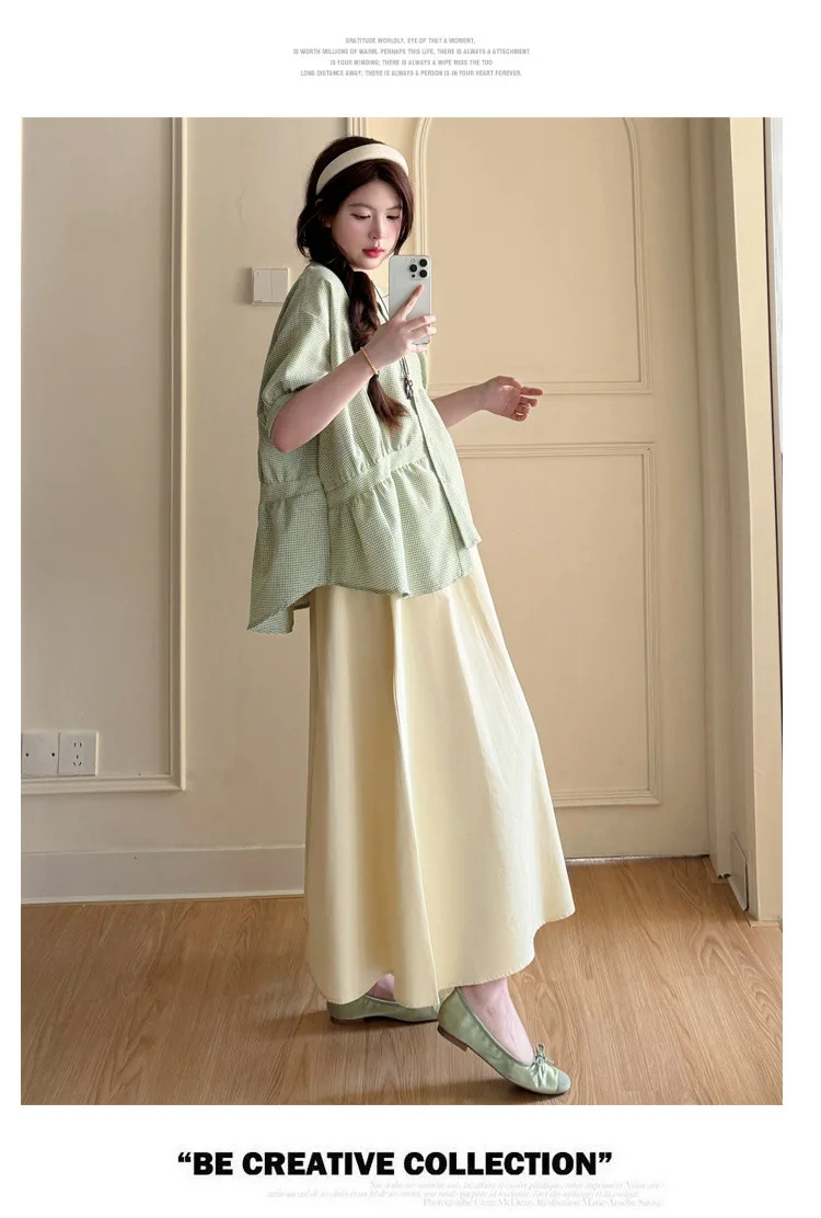 Maternity Suit Summer 2026 Green plaid doll shirt and Beige A Line Skirt Two Piece Set Gentle Cute For Pregnant Women