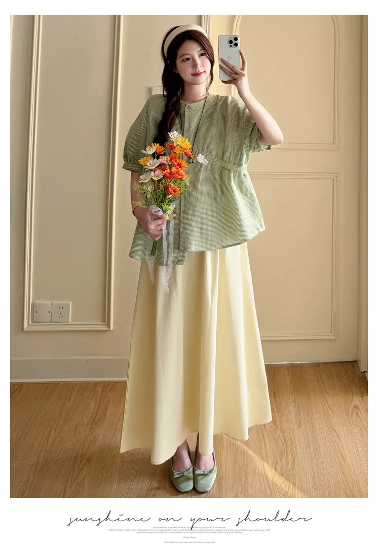 Maternity Suit Summer 2026 Green plaid doll shirt and Beige A Line Skirt Two Piece Set Gentle Cute For Pregnant Women