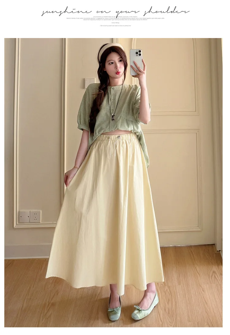 Maternity Suit Summer 2026 Green plaid doll shirt and Beige A Line Skirt Two Piece Set Gentle Cute For Pregnant Women